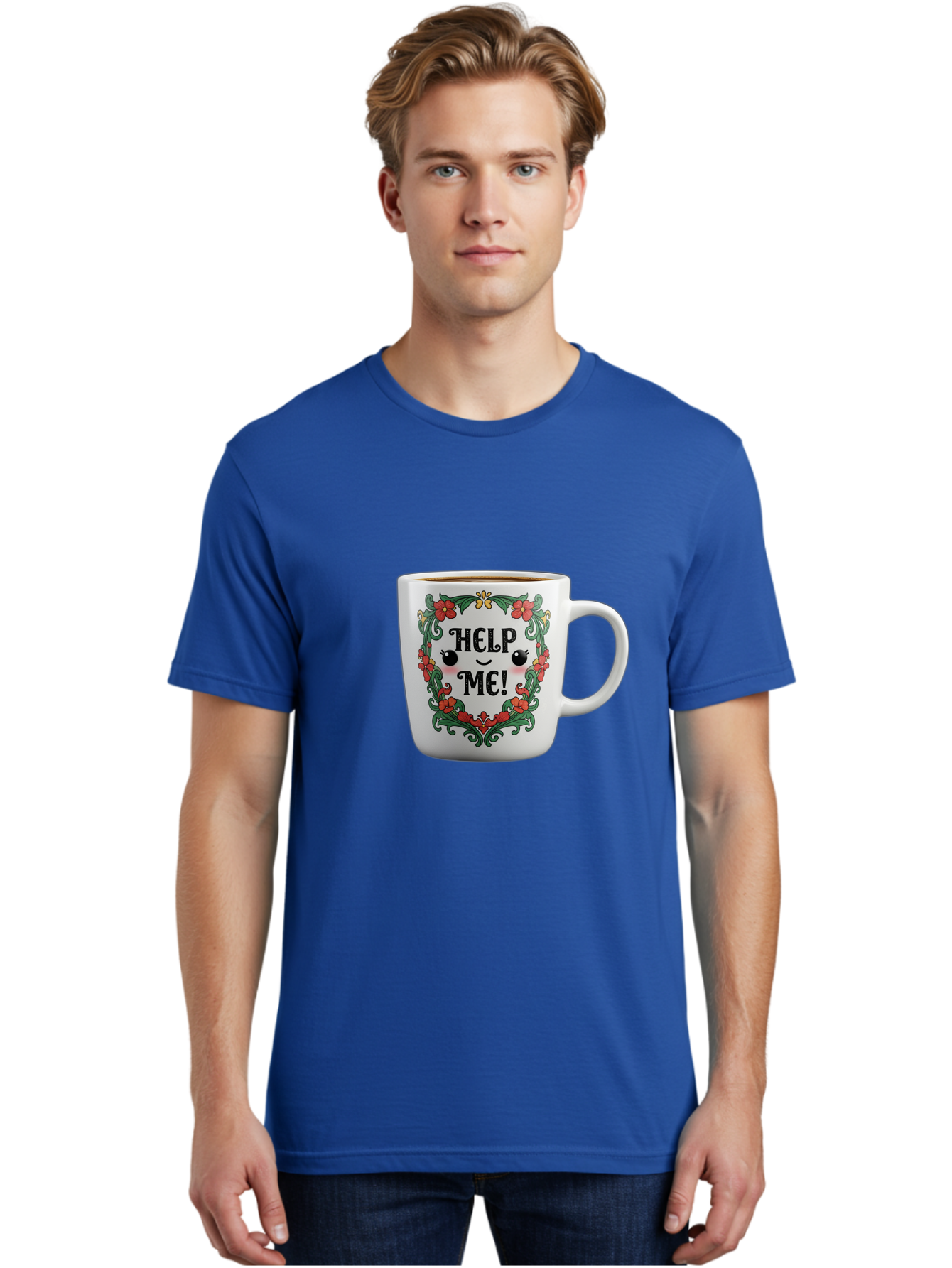 Help-Me-13 Men'S Graphic Tee, 100% Cotton, Comfortable Casual Summer Wear, Machine Washable, Funny Coffee Mug, Quirky Design, Distressed Humor, Floral Wreath, Cute Face, Humorous Quote, Playful Design, Novelty Mug, Coffee Lover Gift Bac039