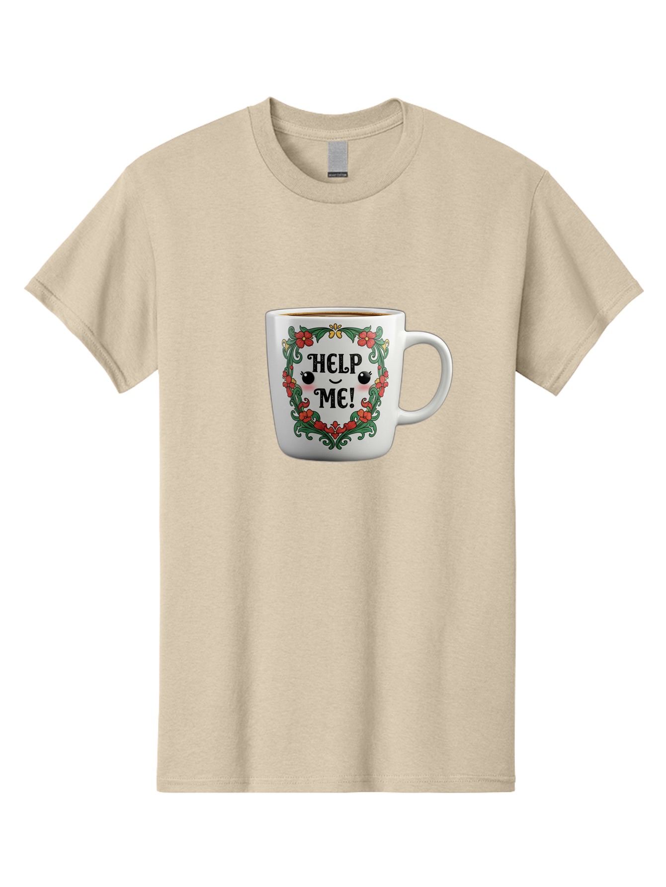 Help-Me-13 Men'S Graphic Tee, 100% Cotton, Comfortable Casual Summer Wear, Machine Washable, Funny Coffee Mug, Quirky Design, Distressed Humor, Floral Wreath, Cute Face, Humorous Quote, Playful Design, Novelty Mug, Coffee Lover Gift Bac039