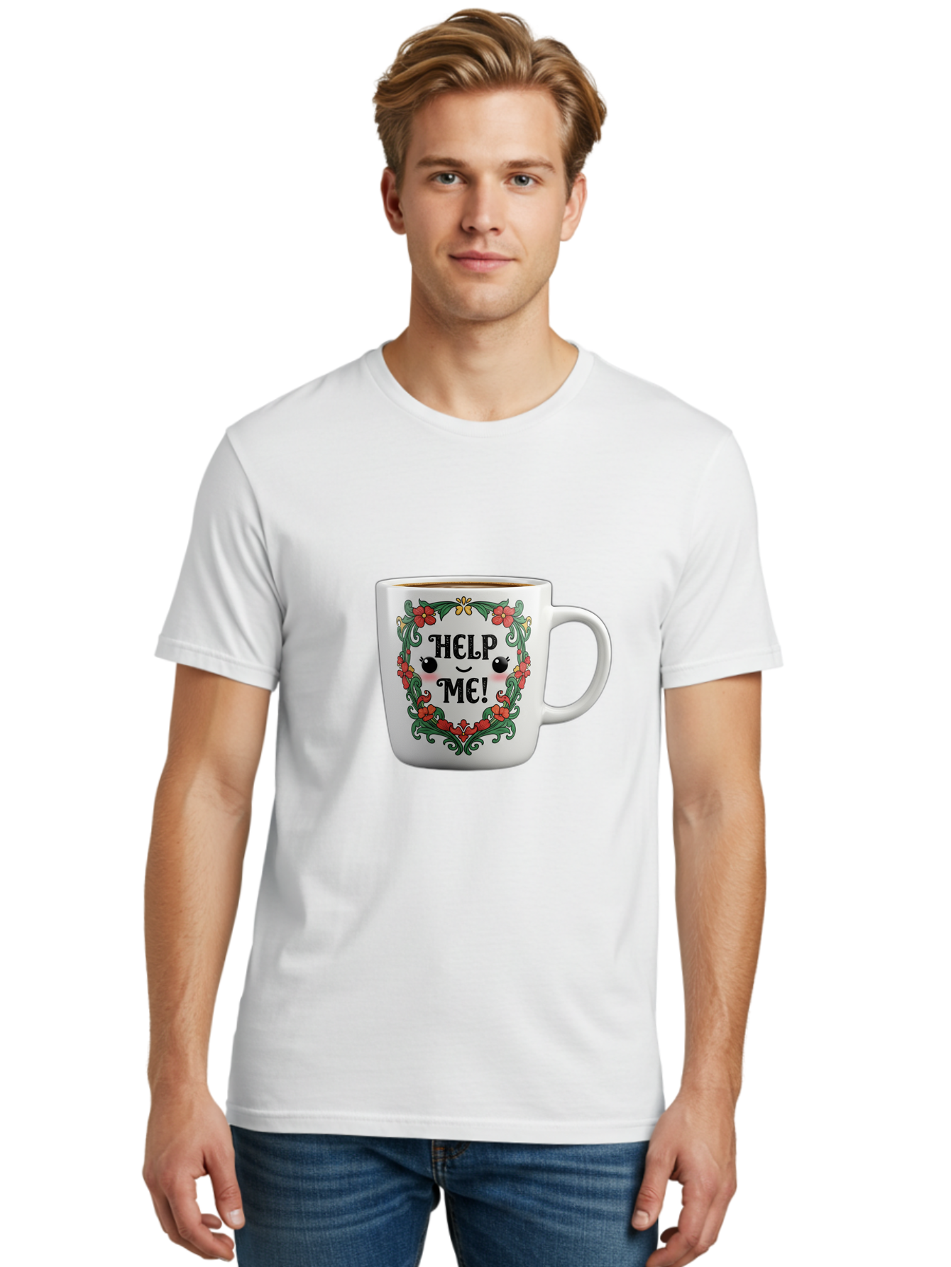 Help-Me-13 Men'S Graphic Tee, 100% Cotton, Comfortable Casual Summer Wear, Machine Washable, Funny Coffee Mug, Quirky Design, Distressed Humor, Floral Wreath, Cute Face, Humorous Quote, Playful Design, Novelty Mug, Coffee Lover Gift Bac039