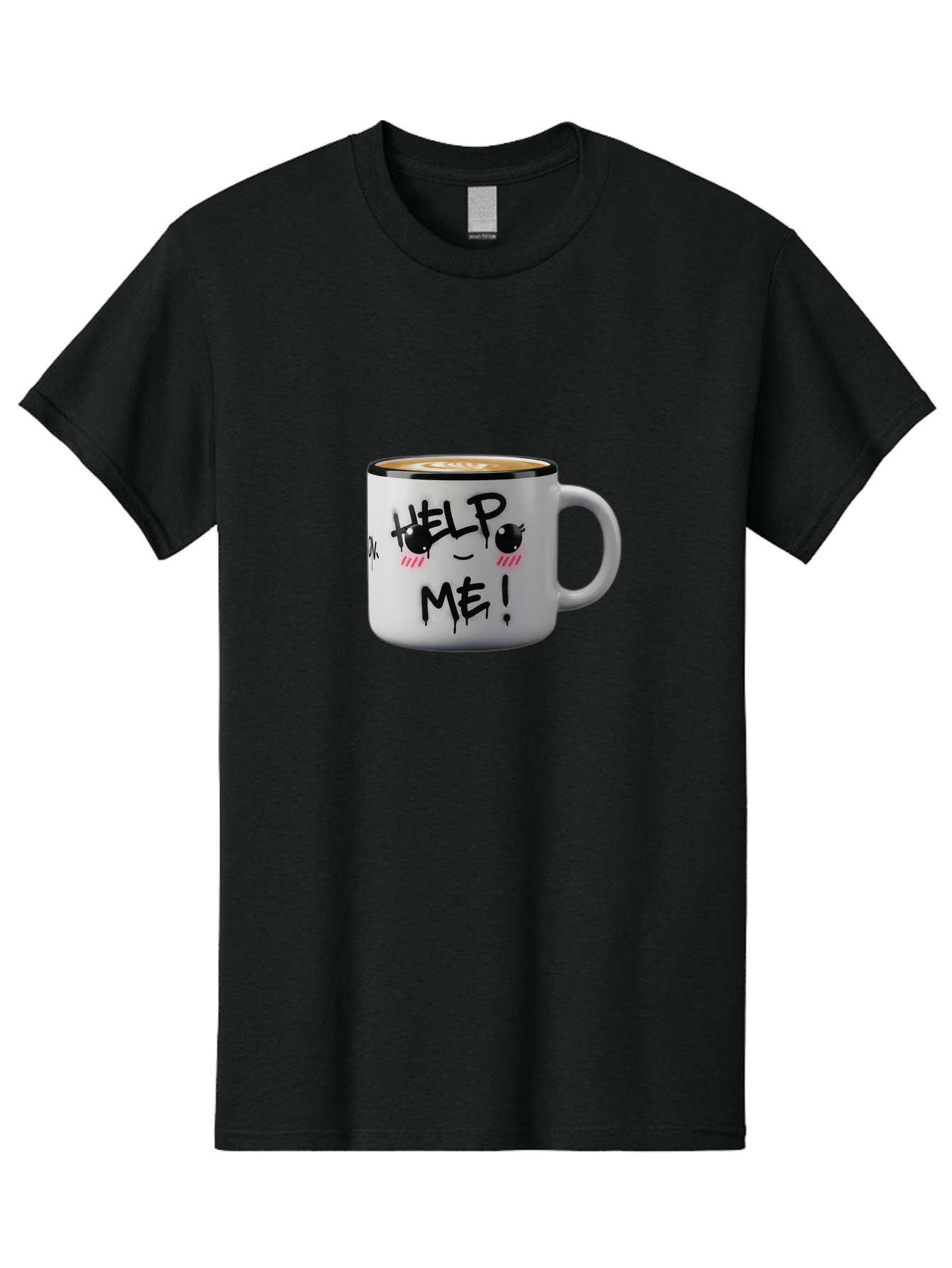 Help-Me-14 Men'S Graphic Tee, 100% Cotton, Comfortable Casual Summer Wear, Machine Washable, Coffee Mug, Black Rim, White Ceramic, Help Me! Text, Cartoon Face, Smiley Face, Coffee Drink, Coffee Culture, Quirky Design, Humorous Mug, Bac040