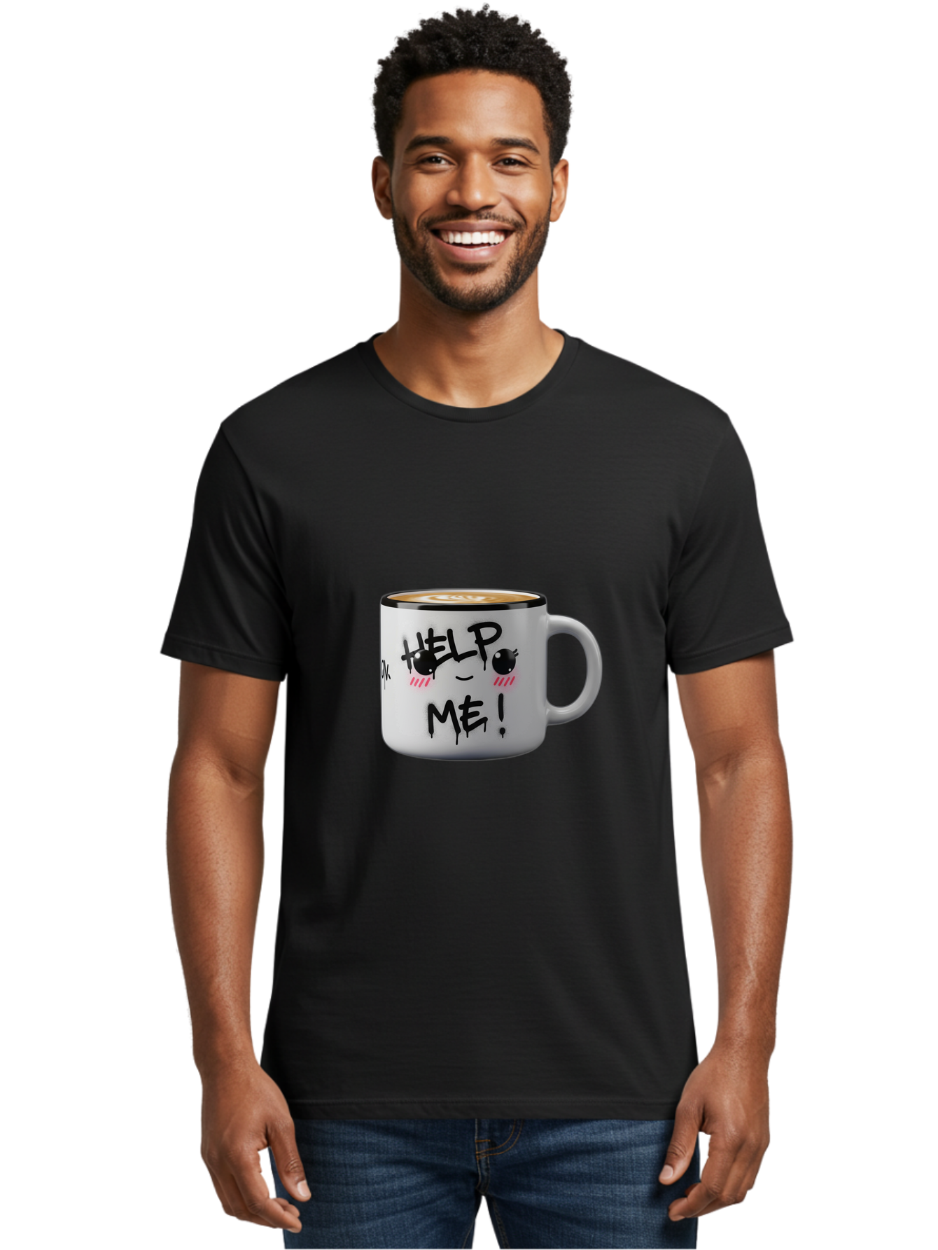 Help-Me-14 Men'S Graphic Tee, 100% Cotton, Comfortable Casual Summer Wear, Machine Washable, Coffee Mug, Black Rim, White Ceramic, Help Me! Text, Cartoon Face, Smiley Face, Coffee Drink, Coffee Culture, Quirky Design, Humorous Mug, Bac040