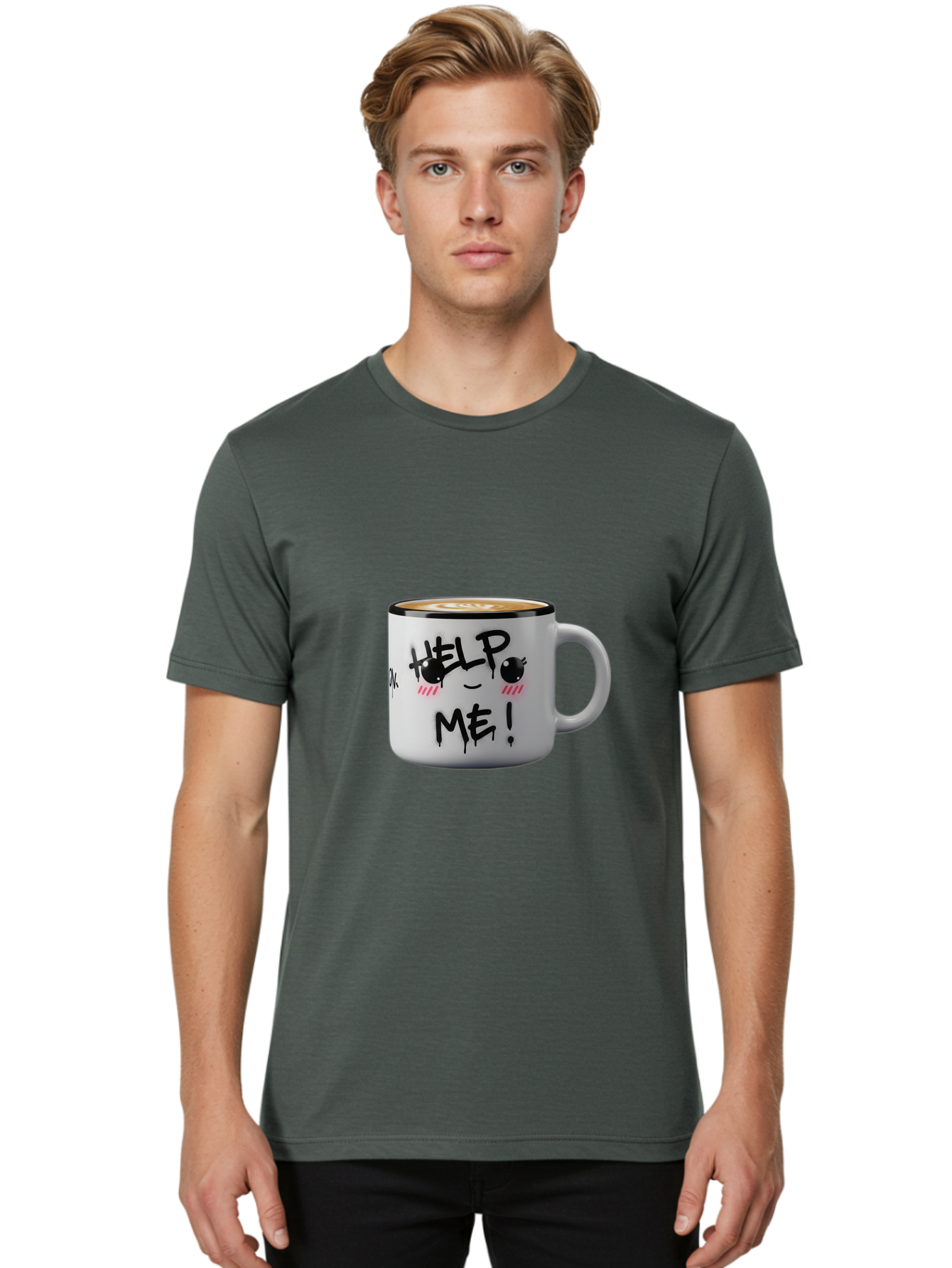 Help-Me-14 Men'S Graphic Tee, 100% Cotton, Comfortable Casual Summer Wear, Machine Washable, Coffee Mug, Black Rim, White Ceramic, Help Me! Text, Cartoon Face, Smiley Face, Coffee Drink, Coffee Culture, Quirky Design, Humorous Mug, Bac040