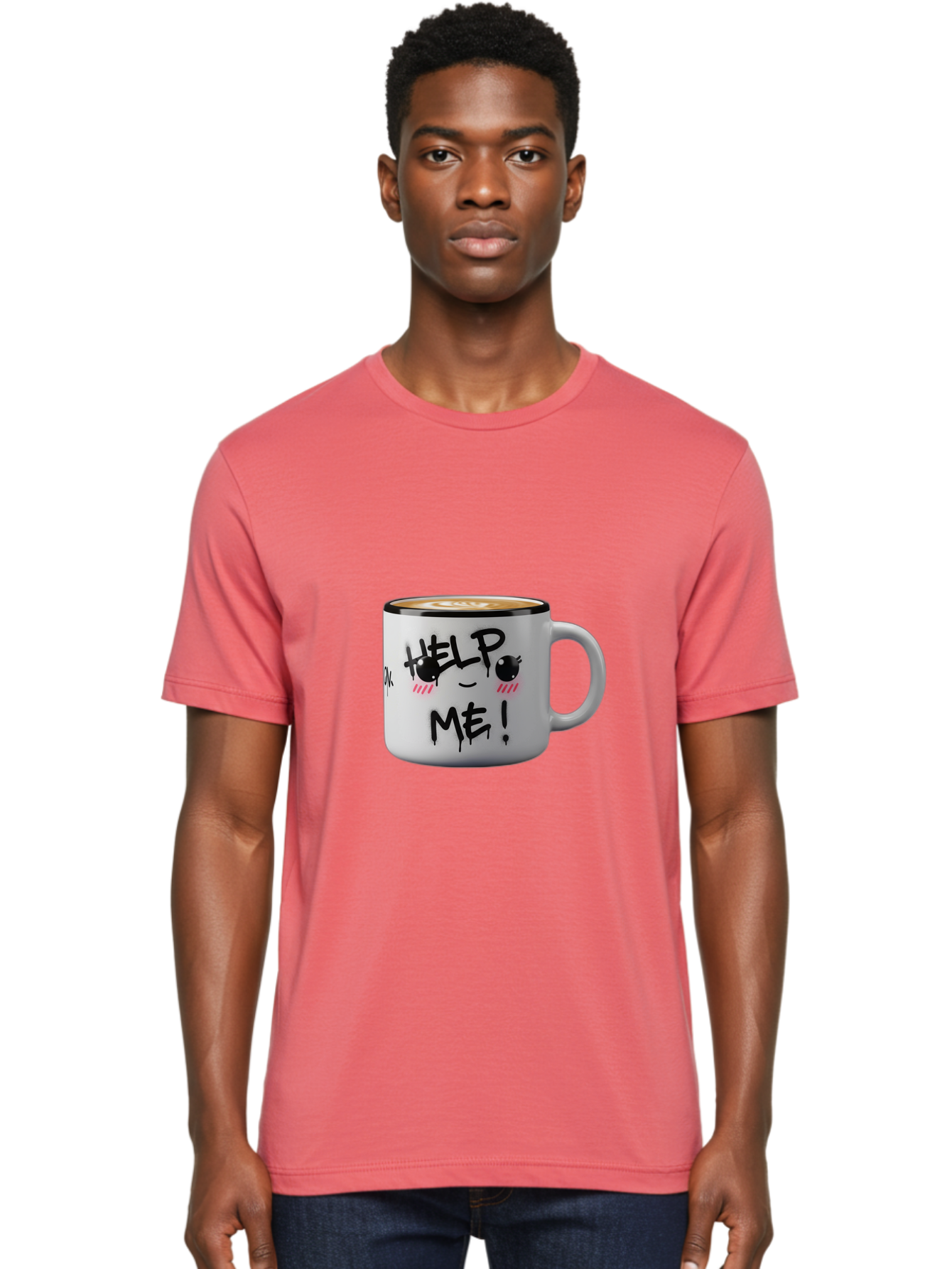 Help-Me-14 Men'S Graphic Tee, 100% Cotton, Comfortable Casual Summer Wear, Machine Washable, Coffee Mug, Black Rim, White Ceramic, Help Me! Text, Cartoon Face, Smiley Face, Coffee Drink, Coffee Culture, Quirky Design, Humorous Mug, Bac040