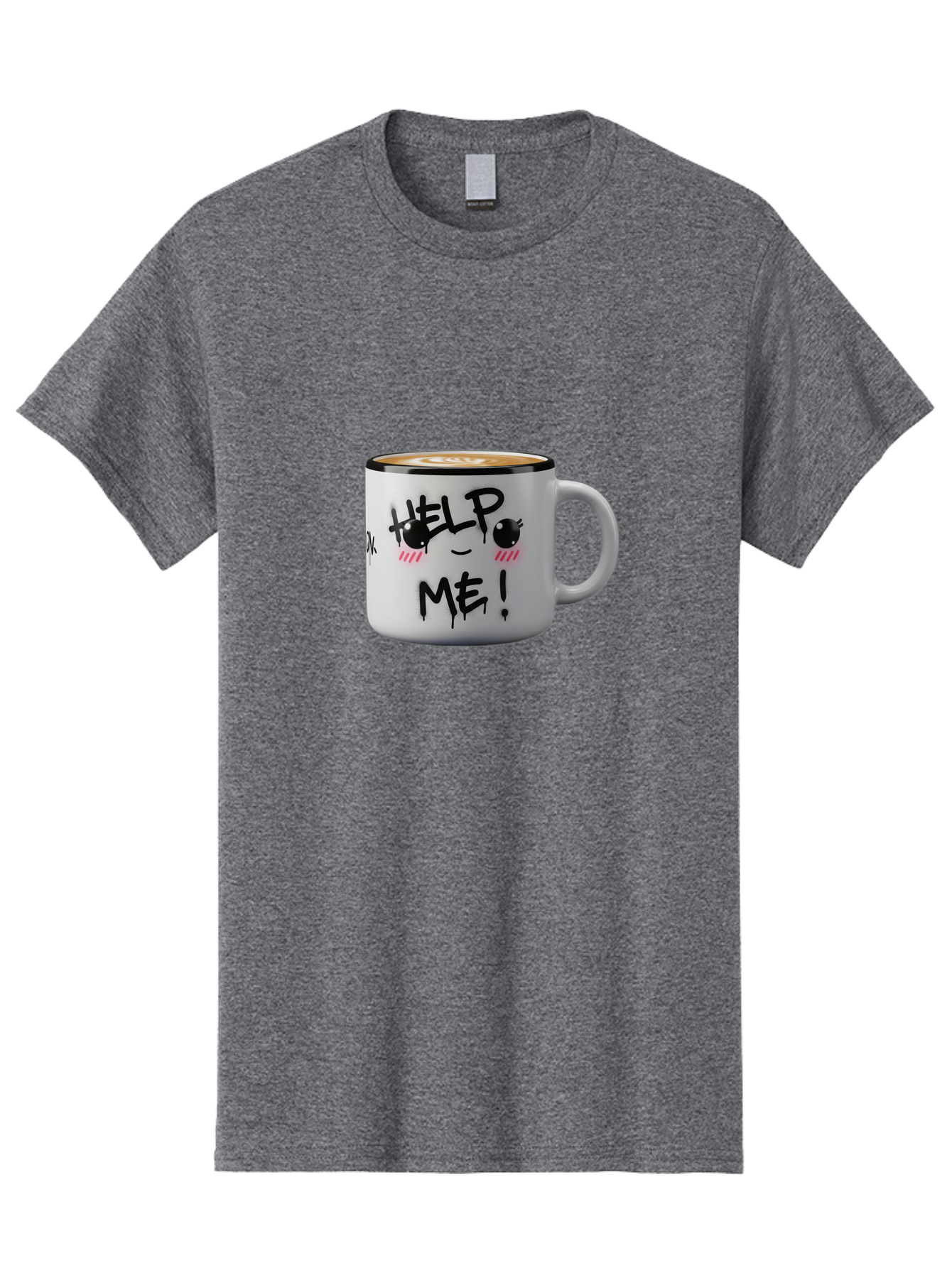 Help-Me-14 Men'S Graphic Tee, 100% Cotton, Comfortable Casual Summer Wear, Machine Washable, Coffee Mug, Black Rim, White Ceramic, Help Me! Text, Cartoon Face, Smiley Face, Coffee Drink, Coffee Culture, Quirky Design, Humorous Mug, Bac040