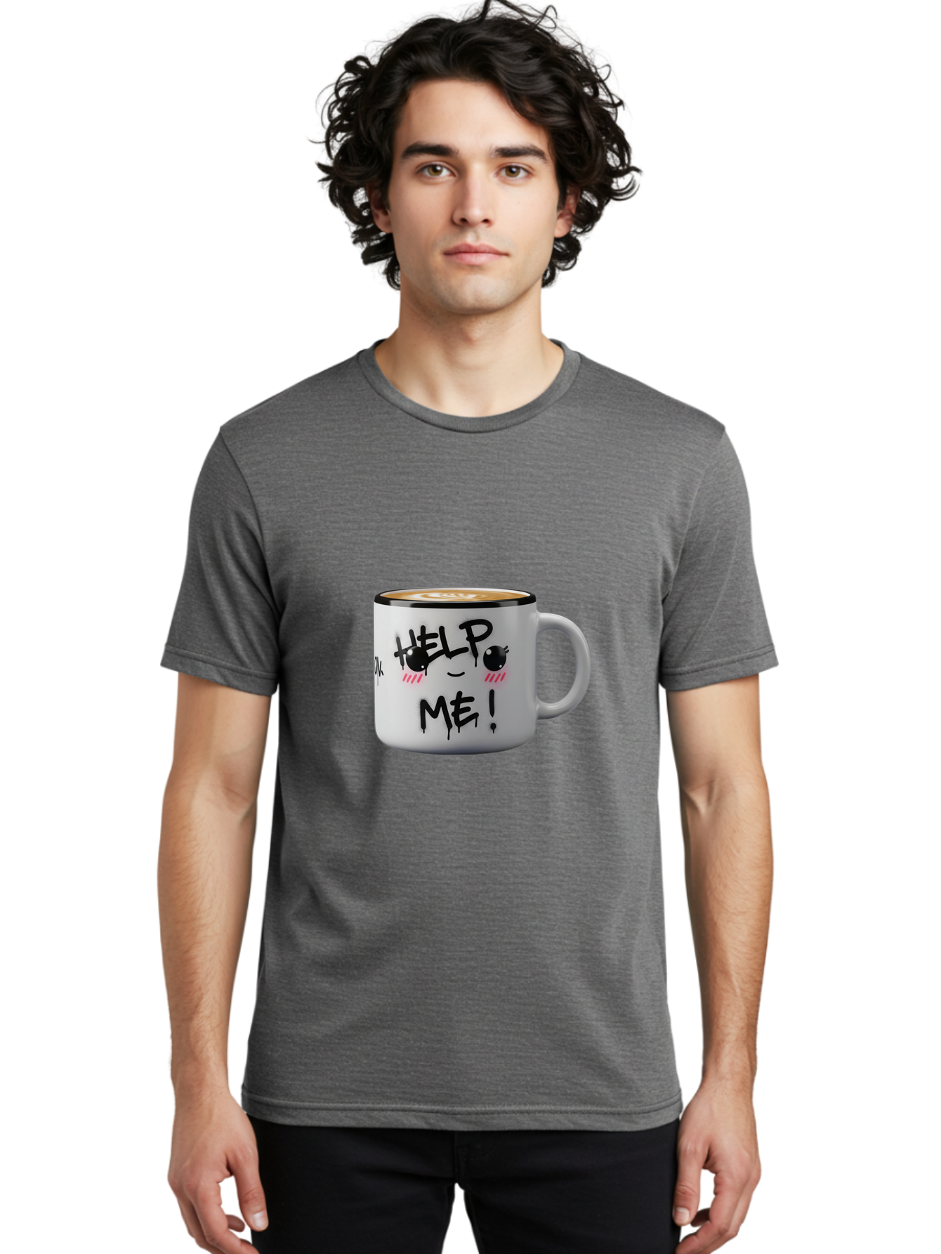 Help-Me-14 Men'S Graphic Tee, 100% Cotton, Comfortable Casual Summer Wear, Machine Washable, Coffee Mug, Black Rim, White Ceramic, Help Me! Text, Cartoon Face, Smiley Face, Coffee Drink, Coffee Culture, Quirky Design, Humorous Mug, Bac040