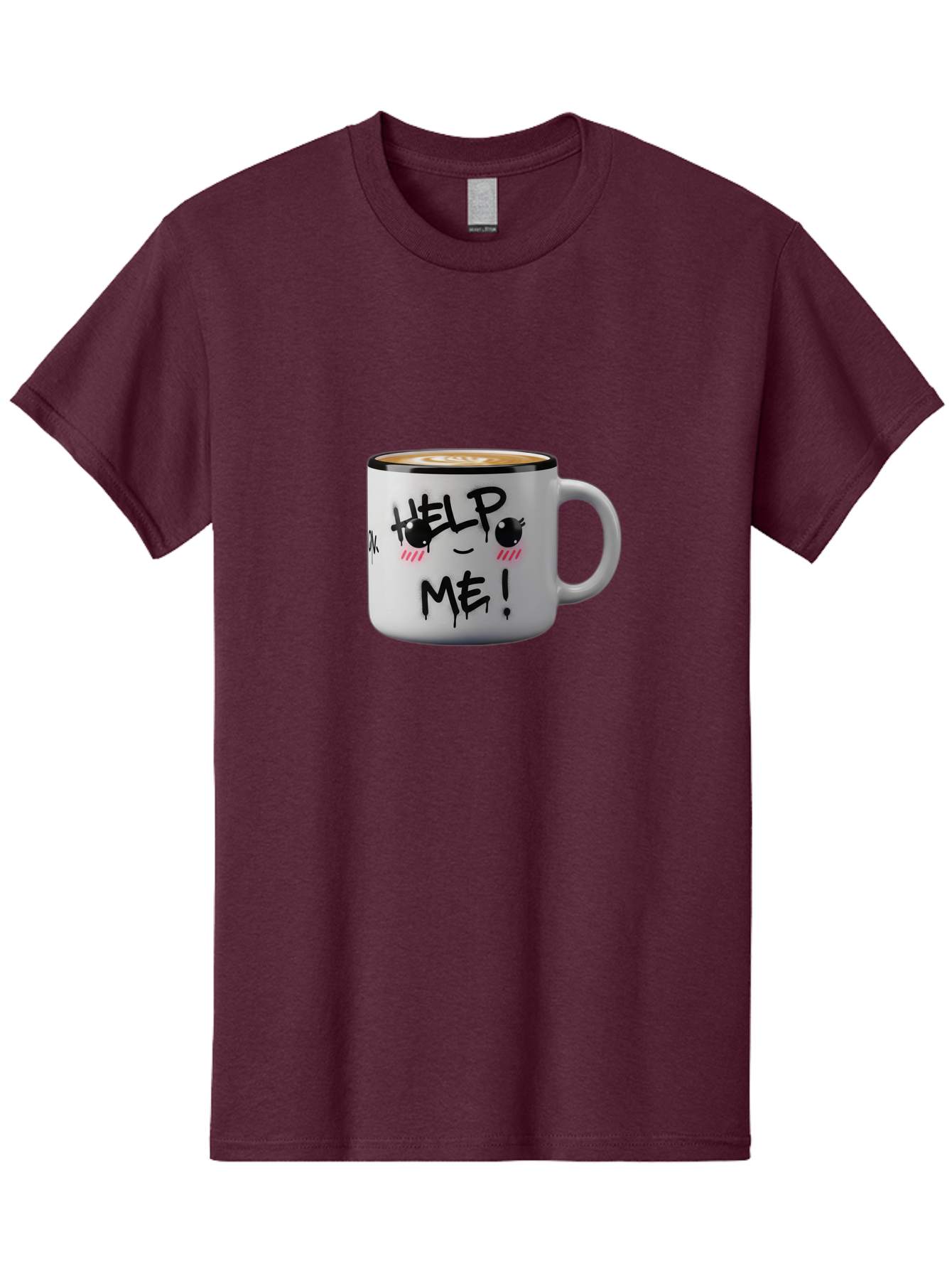 Help-Me-14 Men'S Graphic Tee, 100% Cotton, Comfortable Casual Summer Wear, Machine Washable, Coffee Mug, Black Rim, White Ceramic, Help Me! Text, Cartoon Face, Smiley Face, Coffee Drink, Coffee Culture, Quirky Design, Humorous Mug, Bac040