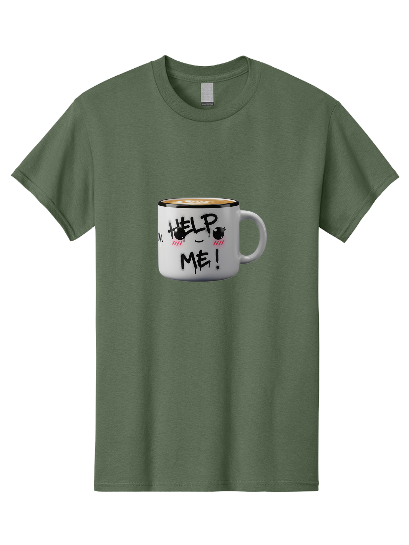 Help-Me-14 Men'S Graphic Tee, 100% Cotton, Comfortable Casual Summer Wear, Machine Washable, Coffee Mug, Black Rim, White Ceramic, Help Me! Text, Cartoon Face, Smiley Face, Coffee Drink, Coffee Culture, Quirky Design, Humorous Mug, Bac040
