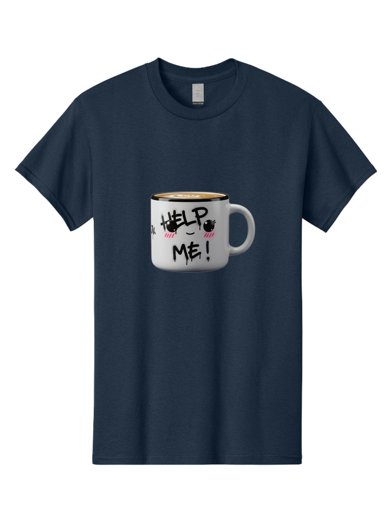 Help-Me-14 Men'S Graphic Tee, 100% Cotton, Comfortable Casual Summer Wear, Machine Washable, Coffee Mug, Black Rim, White Ceramic, Help Me! Text, Cartoon Face, Smiley Face, Coffee Drink, Coffee Culture, Quirky Design, Humorous Mug, Bac040