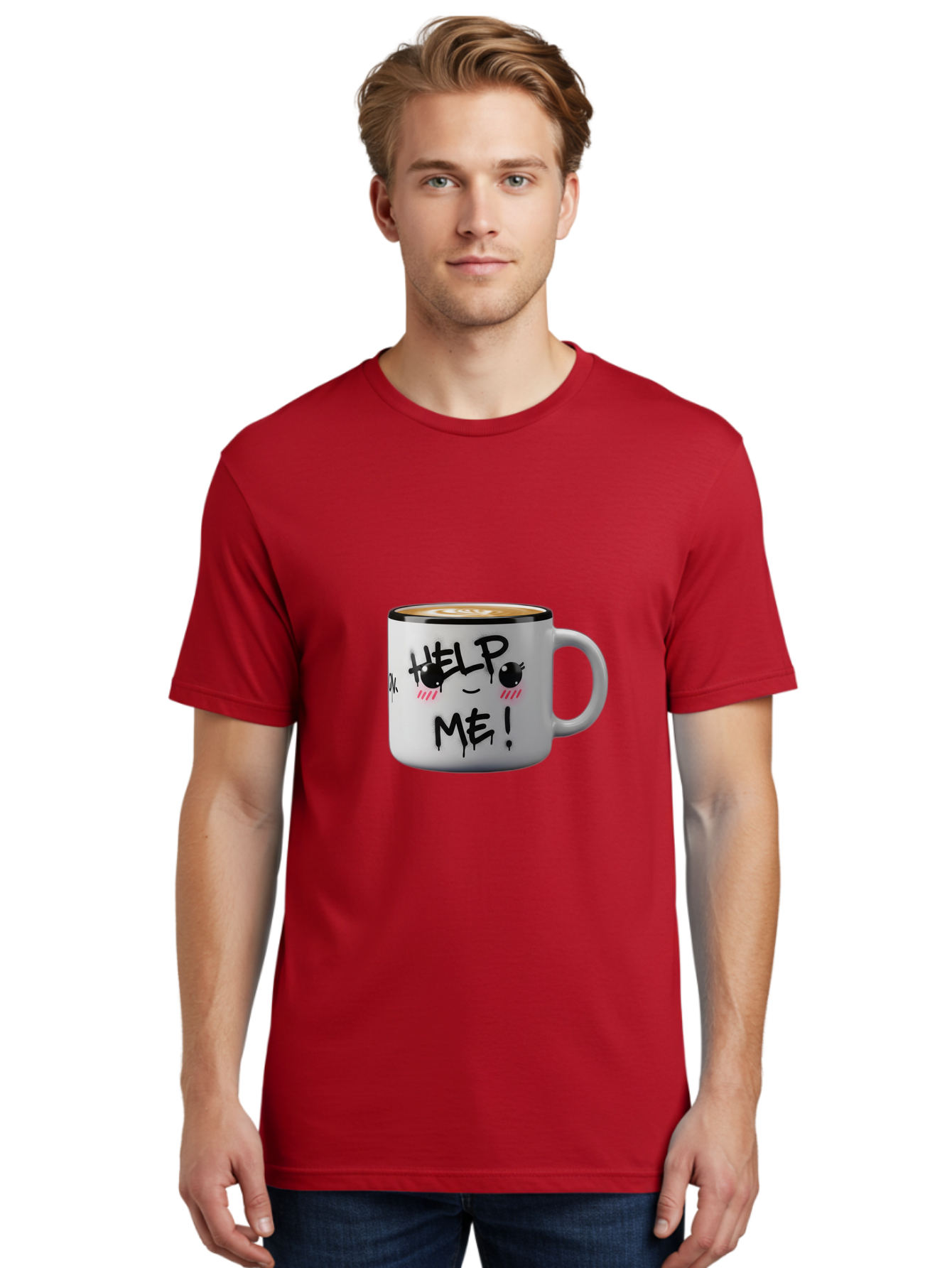 Help-Me-14 Men'S Graphic Tee, 100% Cotton, Comfortable Casual Summer Wear, Machine Washable, Coffee Mug, Black Rim, White Ceramic, Help Me! Text, Cartoon Face, Smiley Face, Coffee Drink, Coffee Culture, Quirky Design, Humorous Mug, Bac040