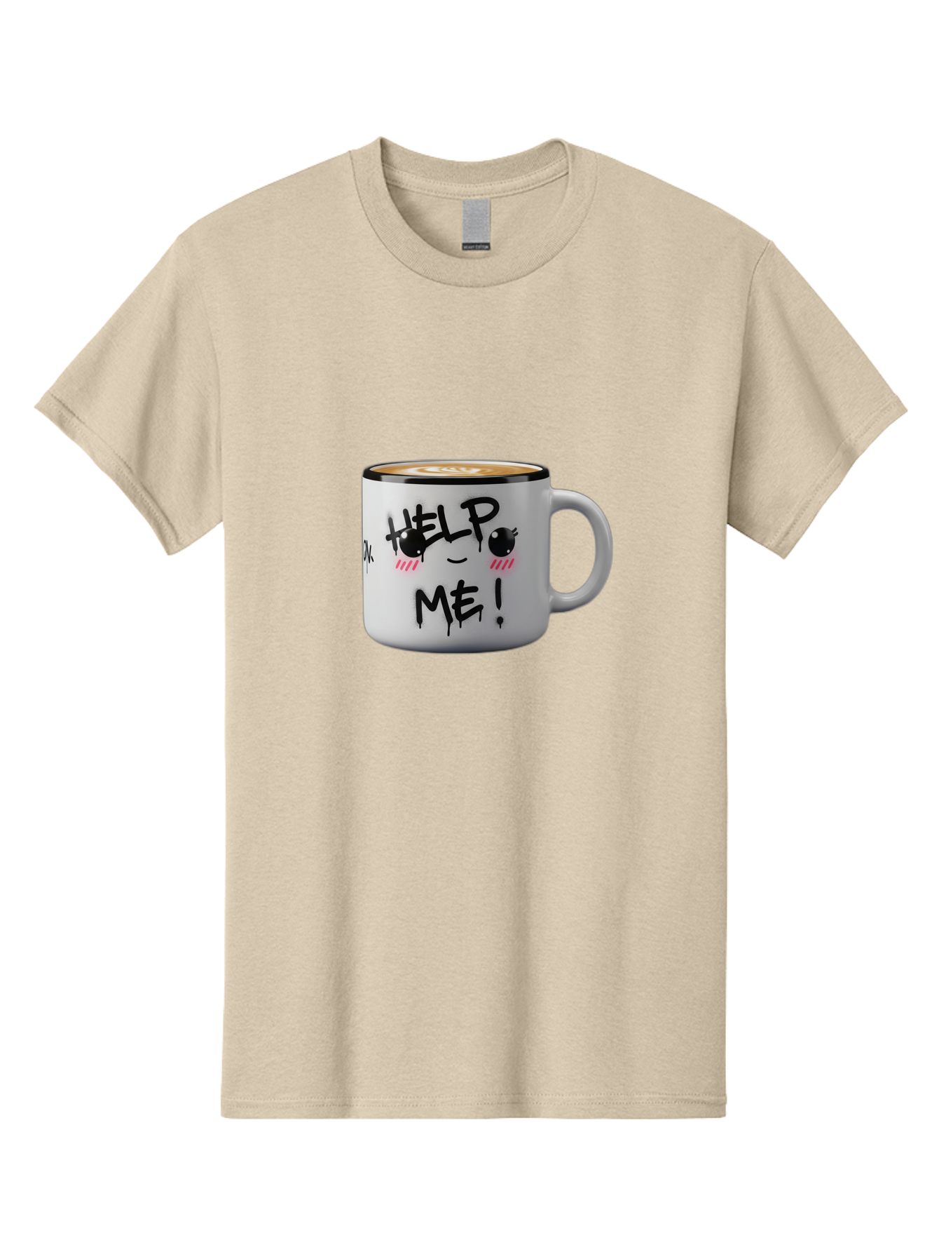 Help-Me-14 Men'S Graphic Tee, 100% Cotton, Comfortable Casual Summer Wear, Machine Washable, Coffee Mug, Black Rim, White Ceramic, Help Me! Text, Cartoon Face, Smiley Face, Coffee Drink, Coffee Culture, Quirky Design, Humorous Mug, Bac040