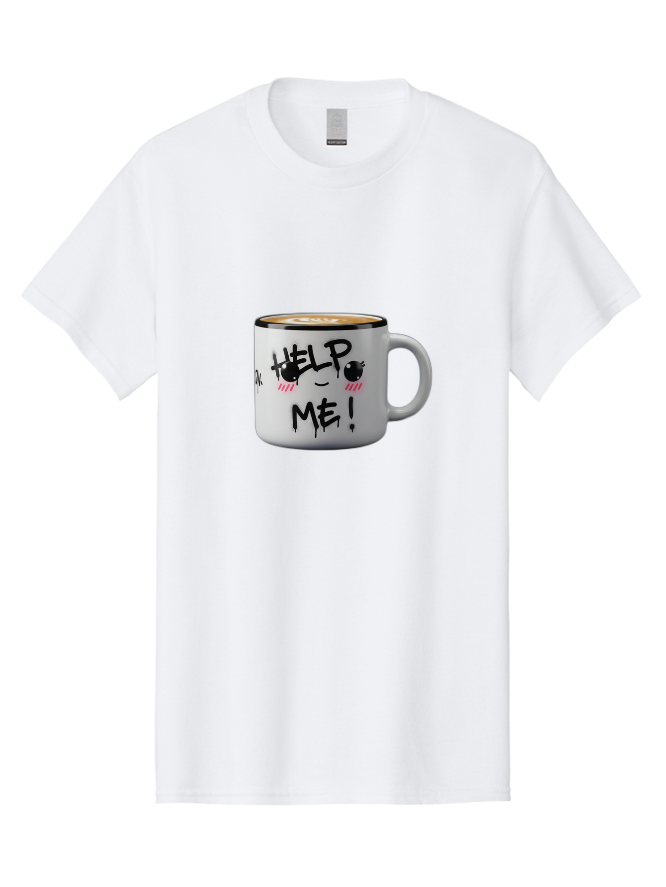 Help-Me-14 Men'S Graphic Tee, 100% Cotton, Comfortable Casual Summer Wear, Machine Washable, Coffee Mug, Black Rim, White Ceramic, Help Me! Text, Cartoon Face, Smiley Face, Coffee Drink, Coffee Culture, Quirky Design, Humorous Mug, Bac040