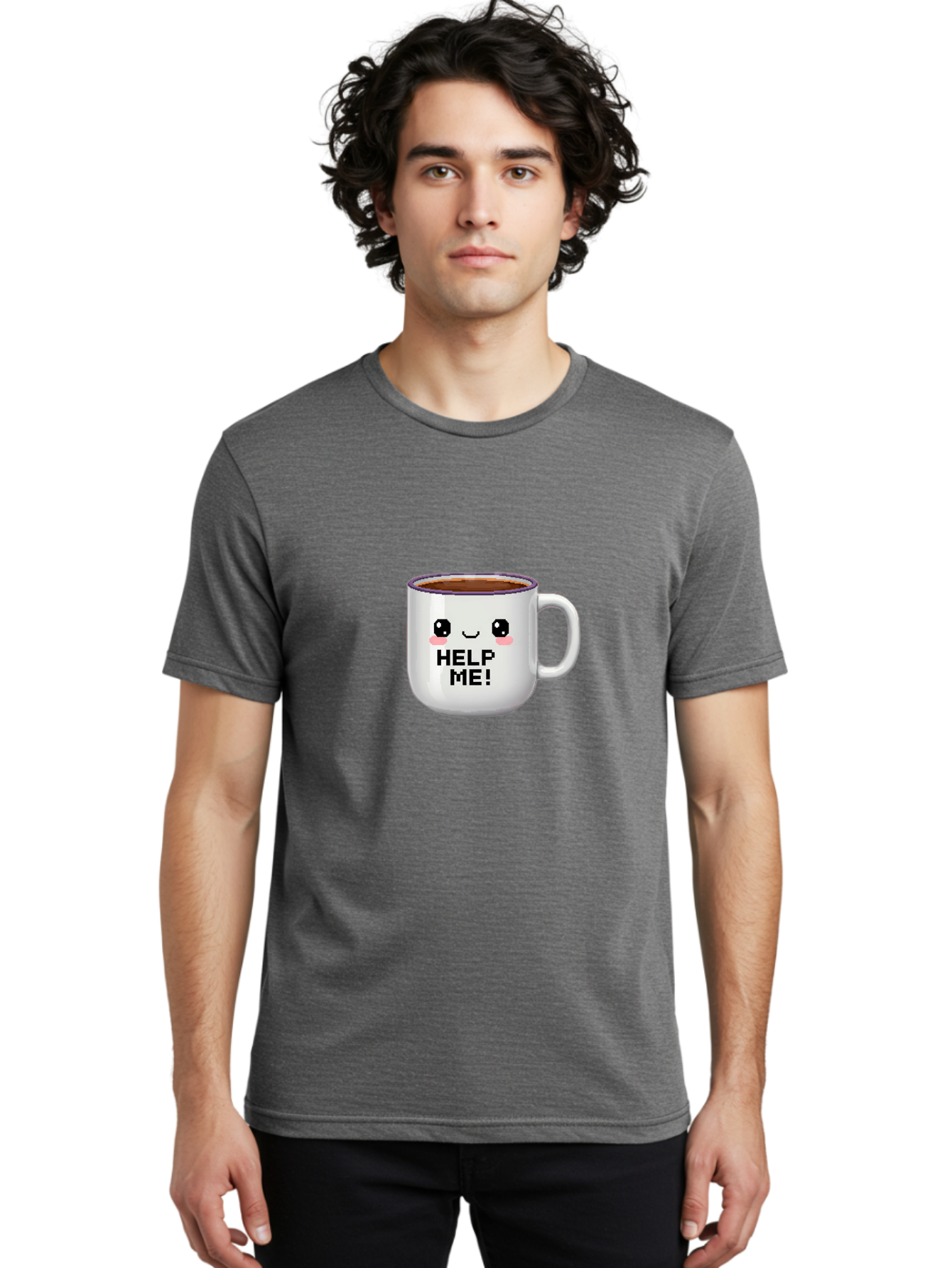 Help-Me-2 Men'S Graphic Tee, 100% Cotton, Comfortable Casual Summer Wear, Machine Washable, Funny Coffee Mug, Cartoon Style, Coffee Cup With Face, Humorous Design, Cute Character, Help Me! Text, Coffee Lover Gift Bac042