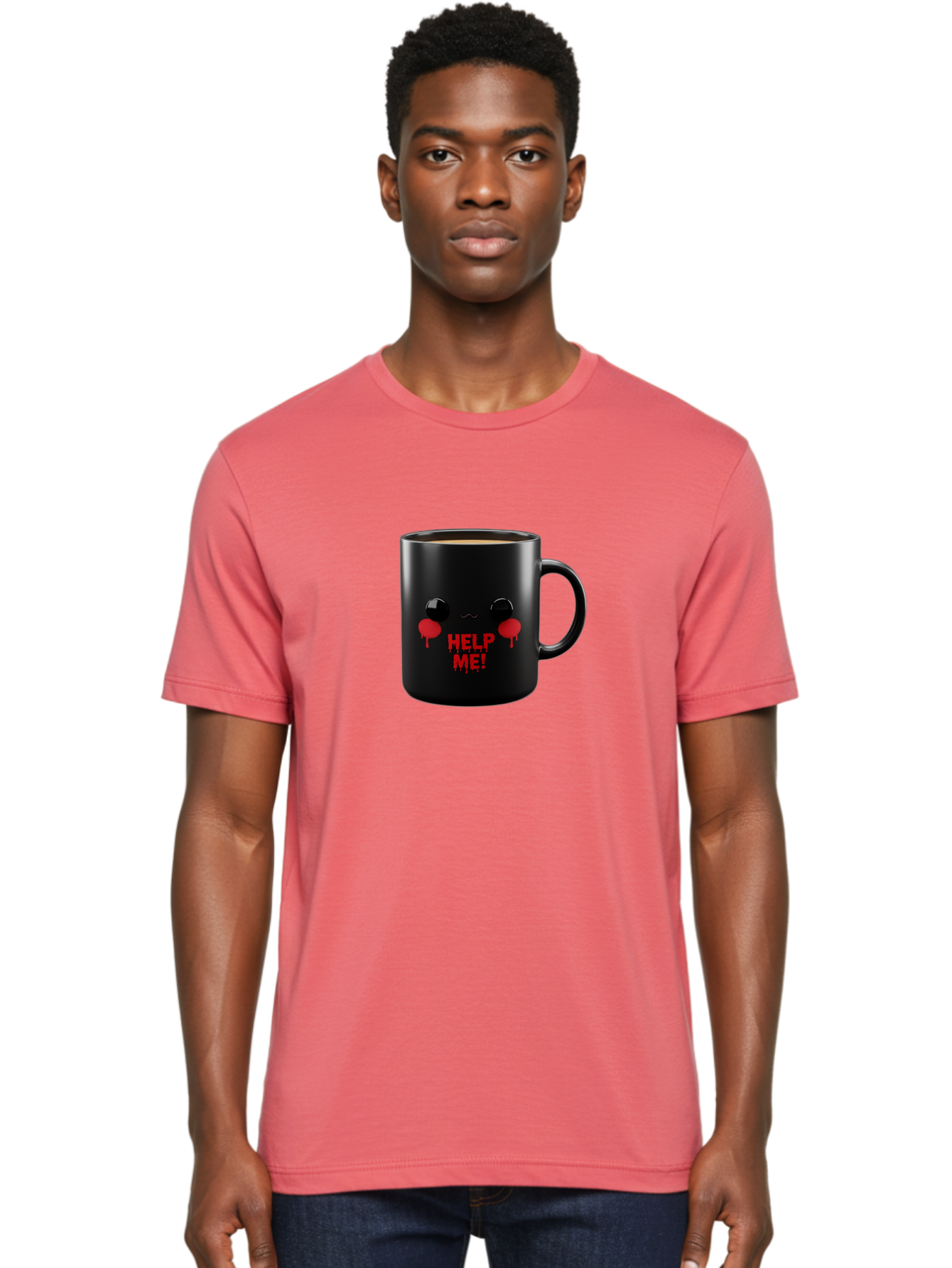 Help-Me-3 Men'S Graphic Tee, 100% Cotton, Comfortable Casual Summer Wear, Machine Washable, Black Coffee Mug, Cartoon Face, Red Tears, Distressed Design, Creepy Humor, Bold Graphics, Funny Mugs, Novelty Coffee Cups, Quirky Gifts, Eerie Decor Bac043