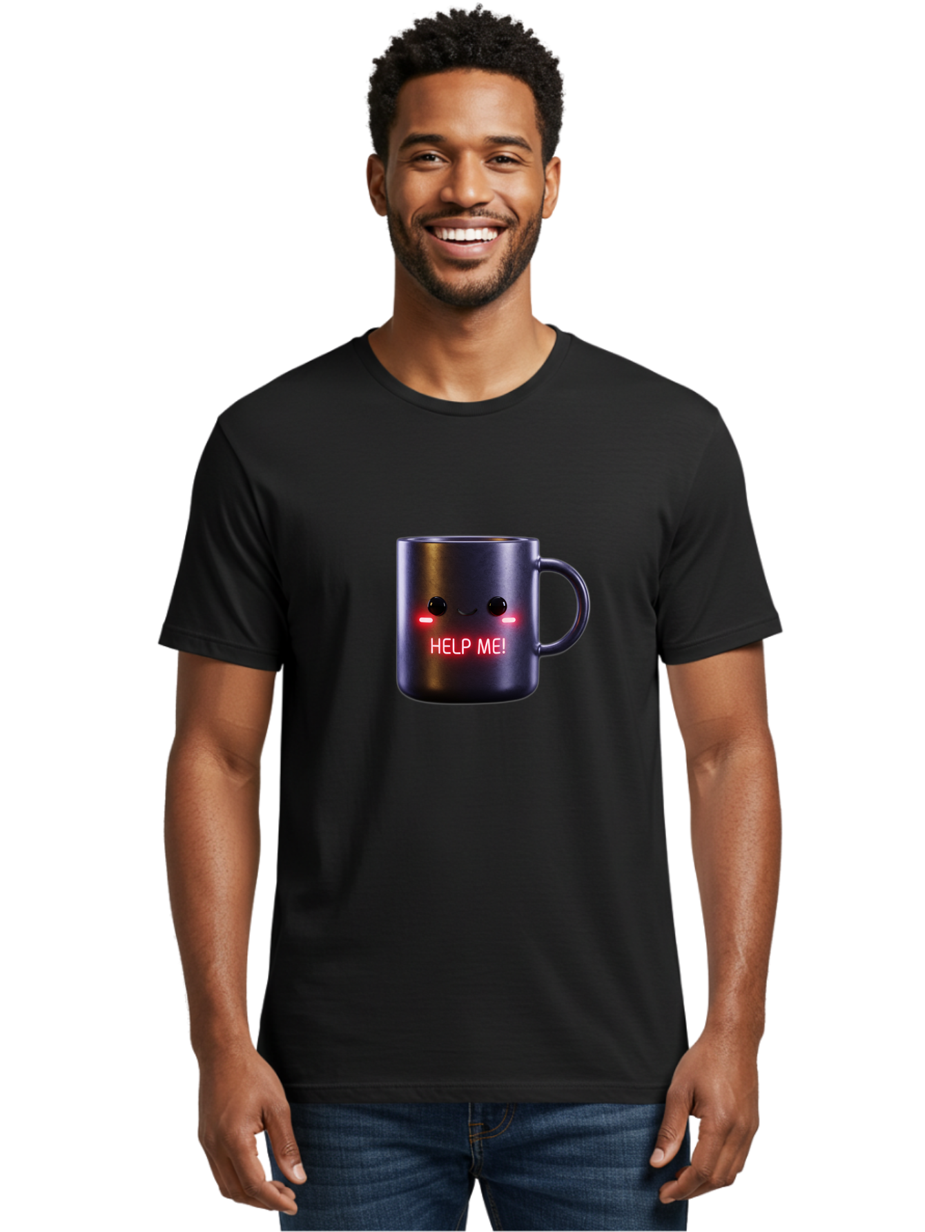 Help-Me-4 Men'S Graphic Tee, 100% Cotton, Comfortable Casual Summer Wear, Machine Washable, Glowing Mug, Distress Signal, Help Me Message, Emotional Coffee Cup, Quirky Design, Unique Gift Idea, Led Coffee Mug Bac044