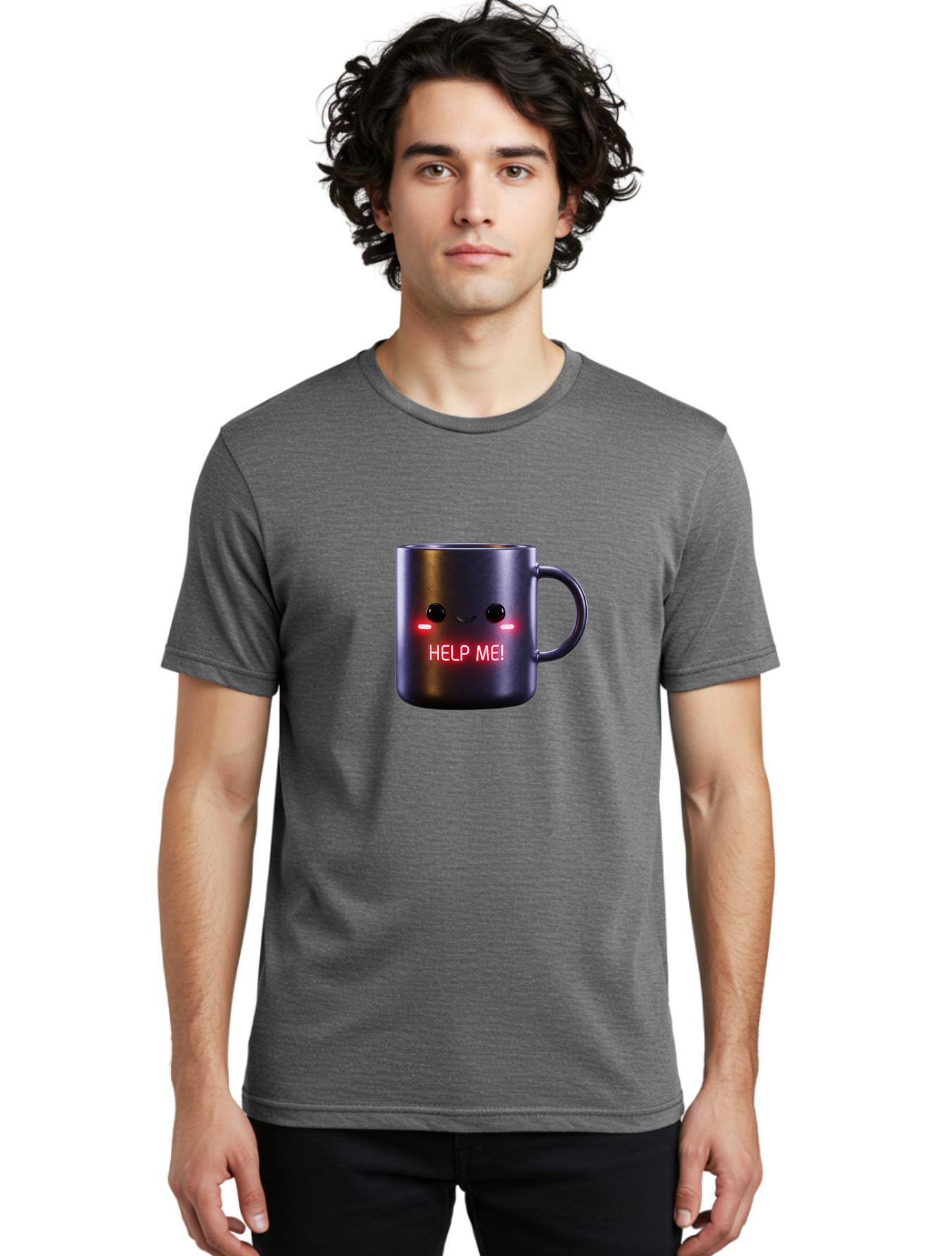 Help-Me-4 Men'S Graphic Tee, 100% Cotton, Comfortable Casual Summer Wear, Machine Washable, Glowing Mug, Distress Signal, Help Me Message, Emotional Coffee Cup, Quirky Design, Unique Gift Idea, Led Coffee Mug Bac044