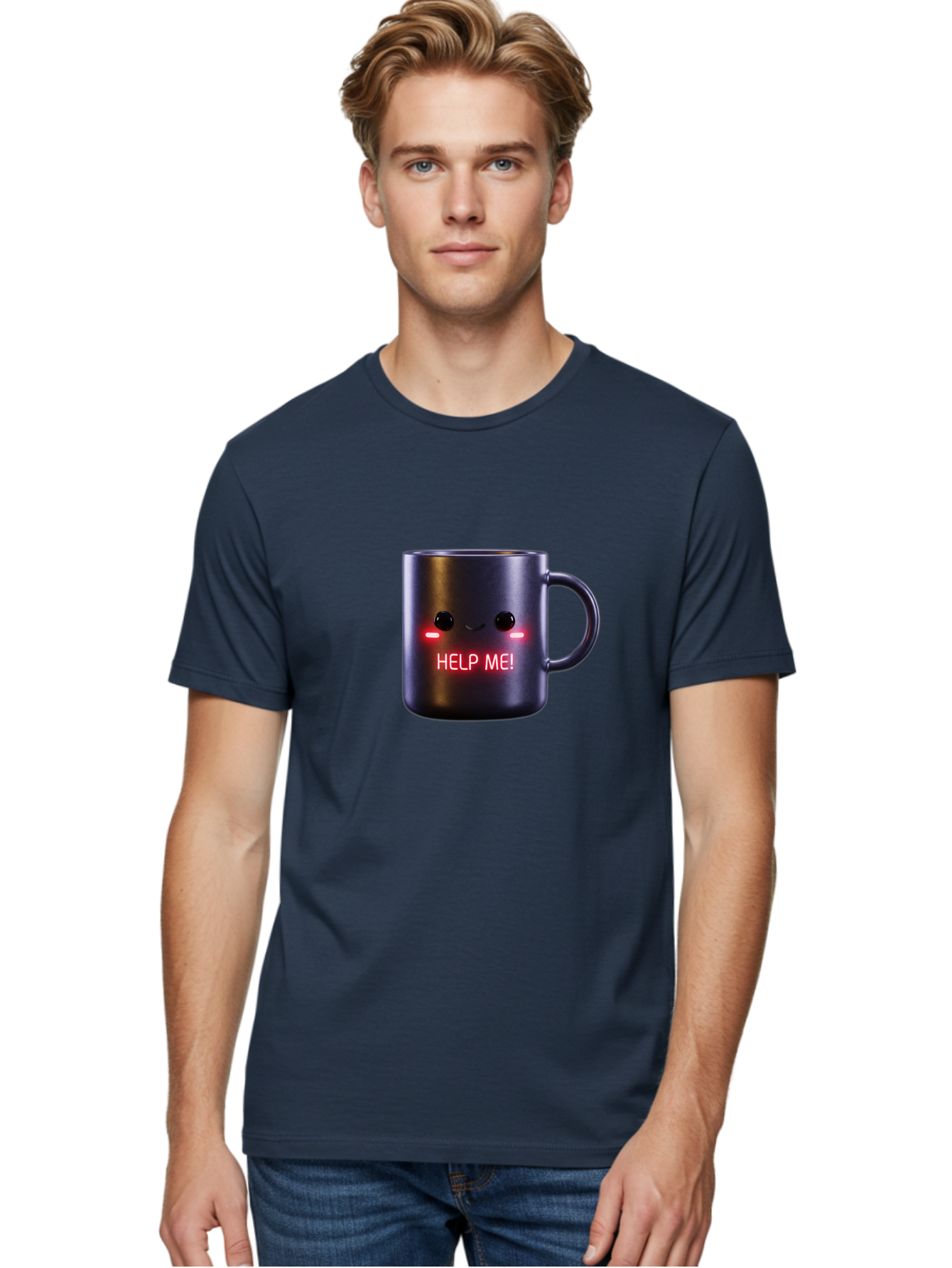 Help-Me-4 Men'S Graphic Tee, 100% Cotton, Comfortable Casual Summer Wear, Machine Washable, Glowing Mug, Distress Signal, Help Me Message, Emotional Coffee Cup, Quirky Design, Unique Gift Idea, Led Coffee Mug Bac044