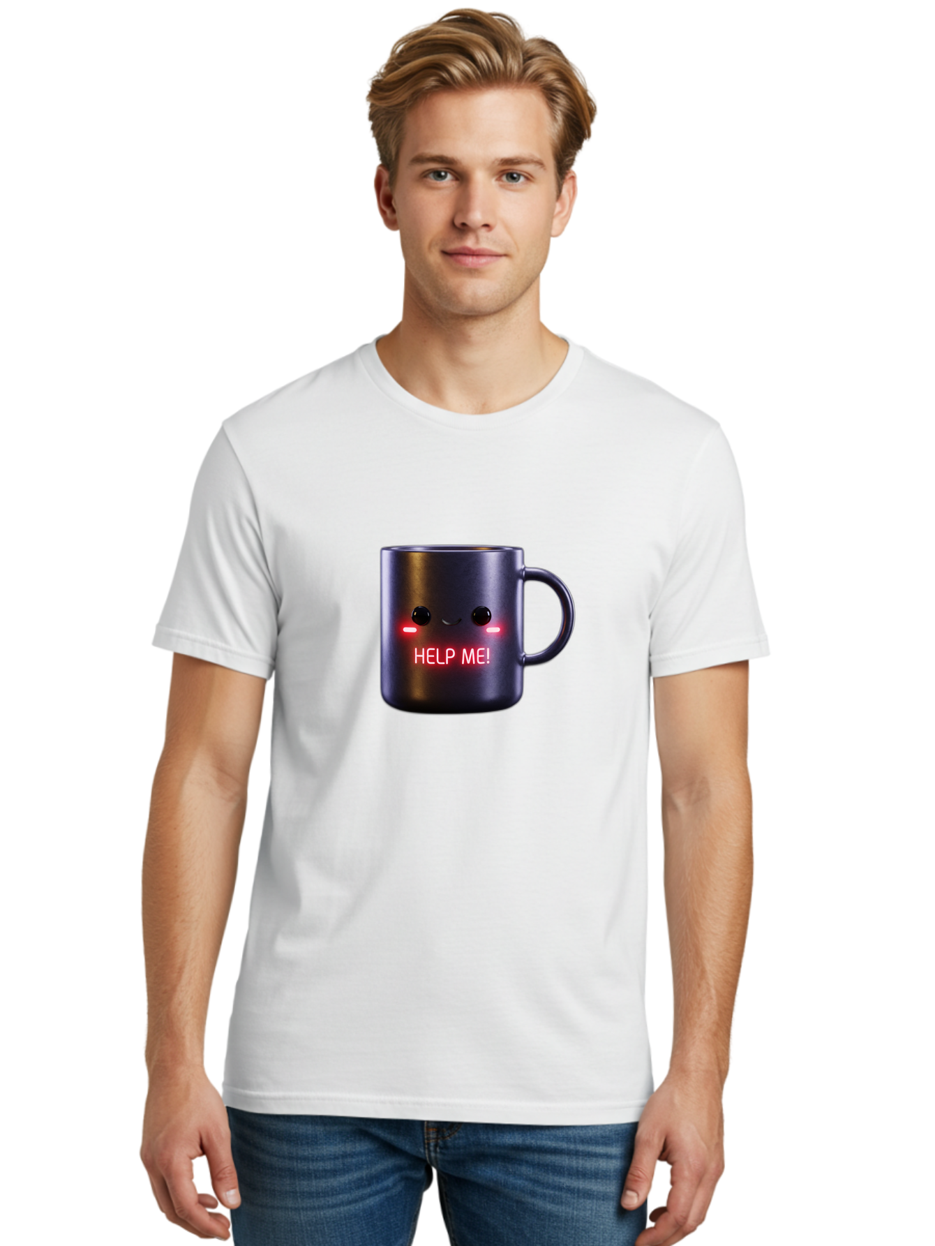 Help-Me-4 Men'S Graphic Tee, 100% Cotton, Comfortable Casual Summer Wear, Machine Washable, Glowing Mug, Distress Signal, Help Me Message, Emotional Coffee Cup, Quirky Design, Unique Gift Idea, Led Coffee Mug Bac044