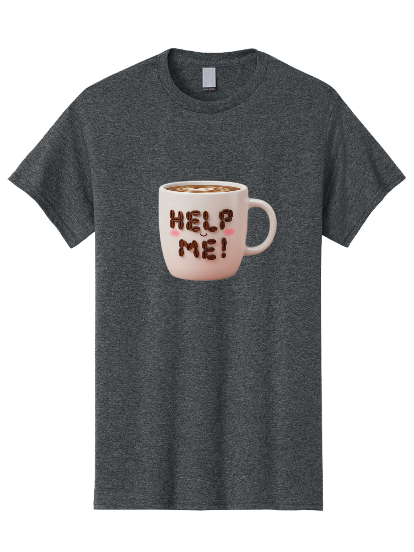 Help-Me-5 Men'S Graphic Tee, 100% Cotton, Comfortable Casual Summer Wear, Machine Washable, Coffee Mug With Coffee Beans Spelling Help Me!, Cute Coffee Cup, Coffee Lover Gift, Coffee Humor, Latte Art, Morning Coffee, Coffee Break Bac045