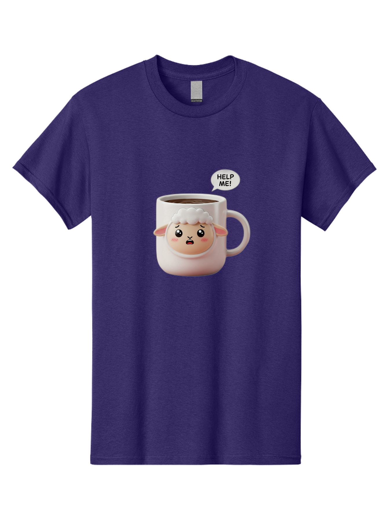 Help-Me-6 Men'S Graphic Tee, 100% Cotton, Comfortable Casual Summer Wear, Machine Washable, Sheep Mug, Coffee Cup, Helping Hand, Distressed Lamb, Cute Cartoon Character, Funny Meme, Adorable Design, Coffee Lover Gift, Quirky Humor, Sheep Face, Bac046