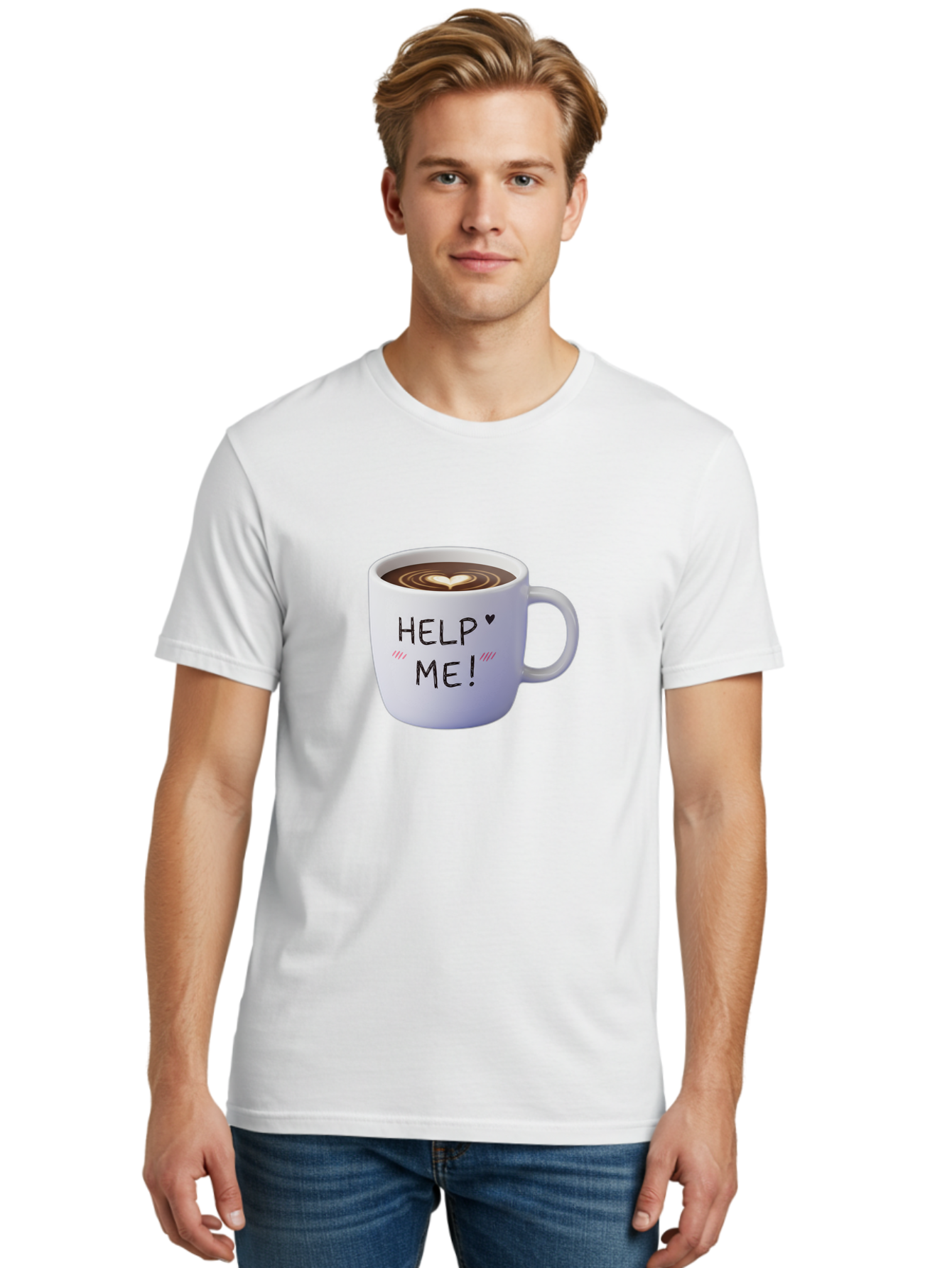Help-Me-7 Men'S Graphic Tee, 100% Cotton, Comfortable Casual Summer Wear, Machine Washable, Coffee Mug With Heart Design, Coffee Art, 'Help Me' Text, Latte Art, Coffee Culture, Morning Pick-Me-Up, Coffee Love, Daily Grind Bac047