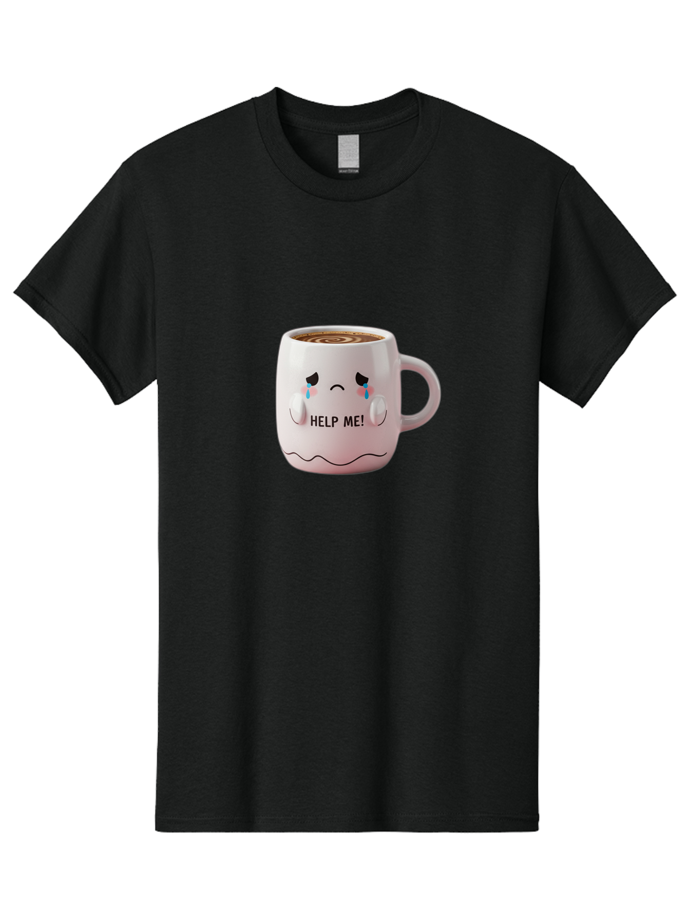 Help-Me-8 Men'S Graphic Tee, 100% Cotton, Comfortable Casual Summer Wear, Machine Washable, Sad Coffee Mug, Crying Face Design, Coffee Drink, Emotional Expression, Distressed Emotions, Quirky Humor, Funny Coffee Culture Bac048
