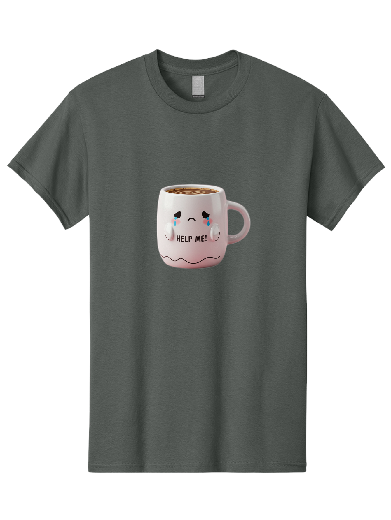 Help-Me-8 Men'S Graphic Tee, 100% Cotton, Comfortable Casual Summer Wear, Machine Washable, Sad Coffee Mug, Crying Face Design, Coffee Drink, Emotional Expression, Distressed Emotions, Quirky Humor, Funny Coffee Culture Bac048