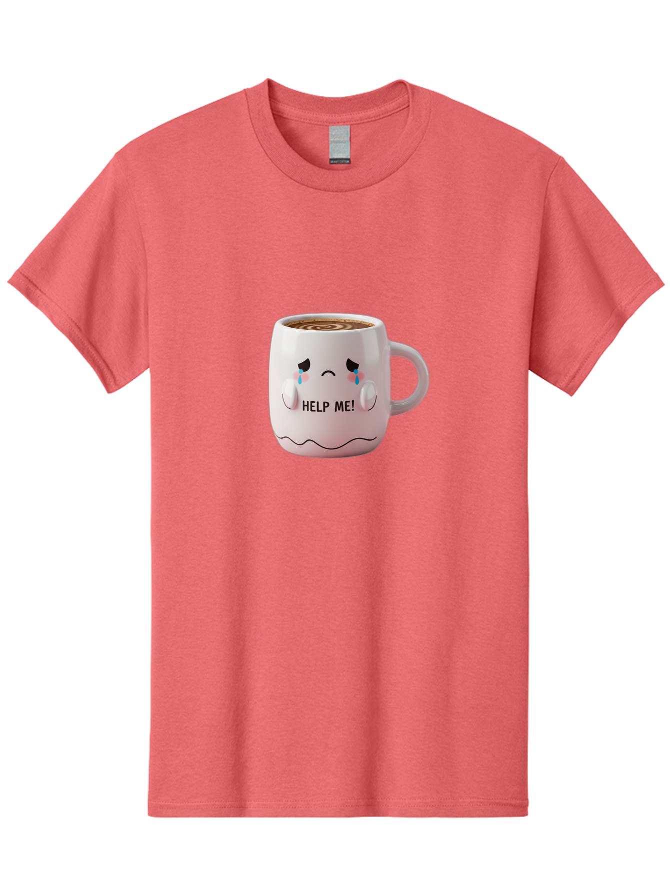 Help-Me-8 Men'S Graphic Tee, 100% Cotton, Comfortable Casual Summer Wear, Machine Washable, Sad Coffee Mug, Crying Face Design, Coffee Drink, Emotional Expression, Distressed Emotions, Quirky Humor, Funny Coffee Culture Bac048