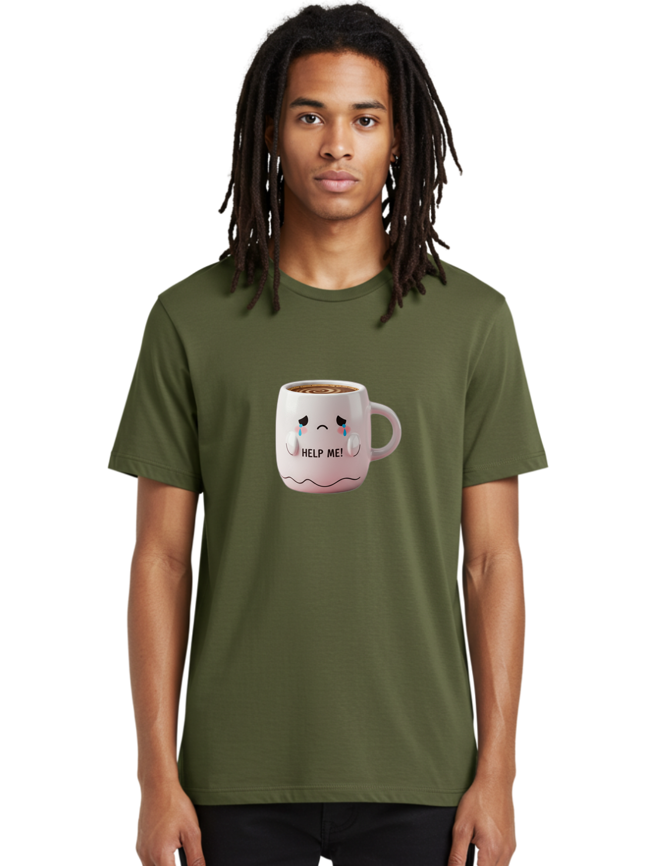 Help-Me-8 Men'S Graphic Tee, 100% Cotton, Comfortable Casual Summer Wear, Machine Washable, Sad Coffee Mug, Crying Face Design, Coffee Drink, Emotional Expression, Distressed Emotions, Quirky Humor, Funny Coffee Culture Bac048