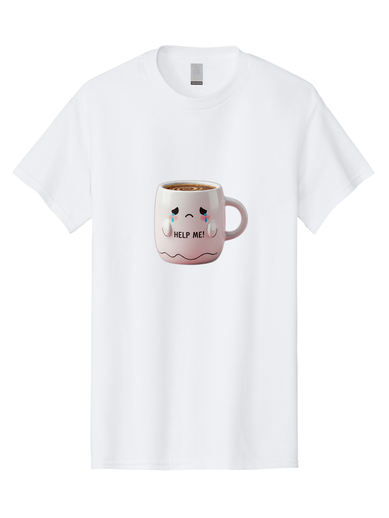 Help-Me-8 Men'S Graphic Tee, 100% Cotton, Comfortable Casual Summer Wear, Machine Washable, Sad Coffee Mug, Crying Face Design, Coffee Drink, Emotional Expression, Distressed Emotions, Quirky Humor, Funny Coffee Culture Bac048