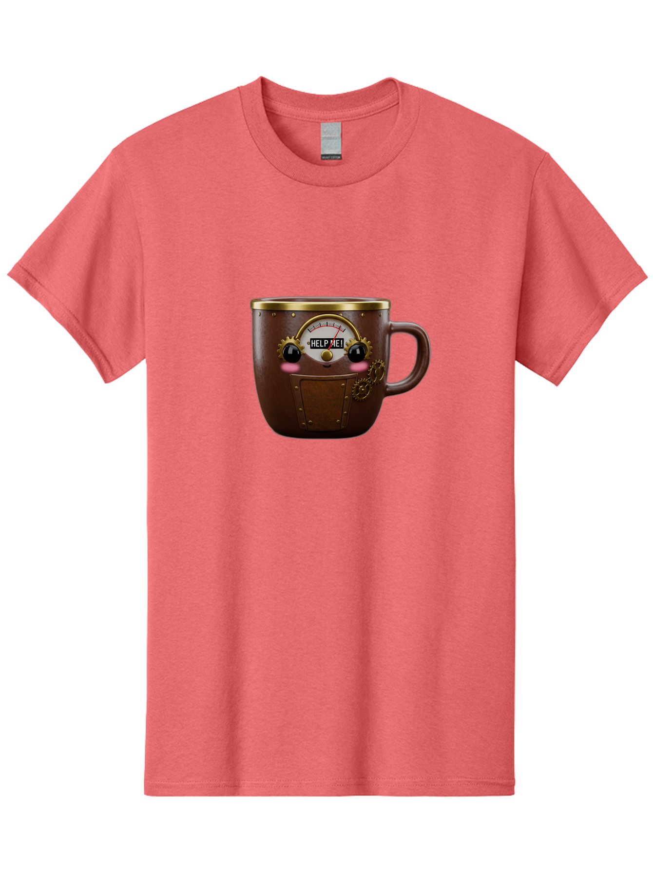 Help-Me-Mug Men'S Graphic Tee, 100% Cotton, Comfortable Casual Summer Wear, Machine Washable, Steampunk Coffee Mug, Brown Ceramic, Gold Accents, Distressed Robot Face, Help Me! Gauge, Steampunk Art, Quirky Design, Unique Collectible, Bac052