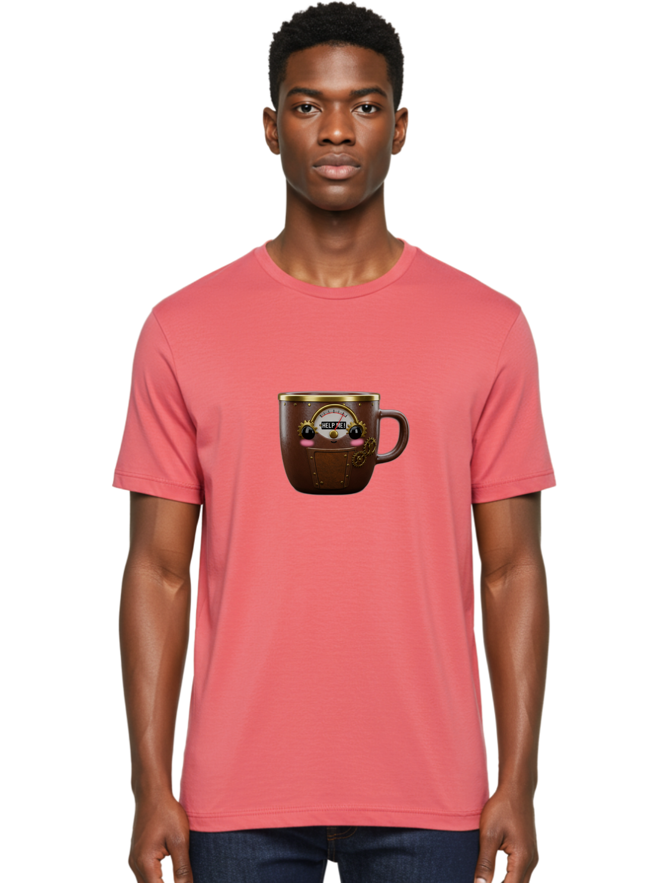 Help-Me-Mug Men'S Graphic Tee, 100% Cotton, Comfortable Casual Summer Wear, Machine Washable, Steampunk Coffee Mug, Brown Ceramic, Gold Accents, Distressed Robot Face, Help Me! Gauge, Steampunk Art, Quirky Design, Unique Collectible, Bac052