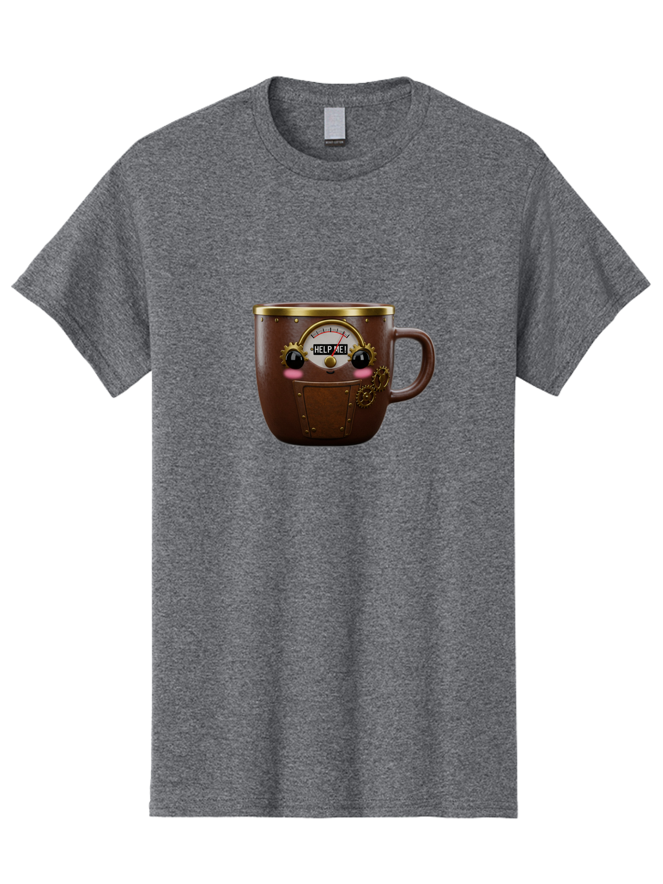 Help-Me-Mug Men'S Graphic Tee, 100% Cotton, Comfortable Casual Summer Wear, Machine Washable, Steampunk Coffee Mug, Brown Ceramic, Gold Accents, Distressed Robot Face, Help Me! Gauge, Steampunk Art, Quirky Design, Unique Collectible, Bac052