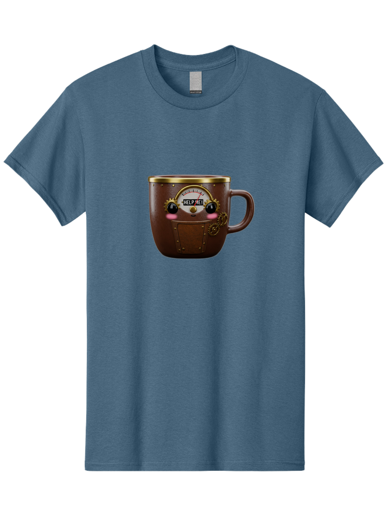 Help-Me-Mug Men'S Graphic Tee, 100% Cotton, Comfortable Casual Summer Wear, Machine Washable, Steampunk Coffee Mug, Brown Ceramic, Gold Accents, Distressed Robot Face, Help Me! Gauge, Steampunk Art, Quirky Design, Unique Collectible, Bac052