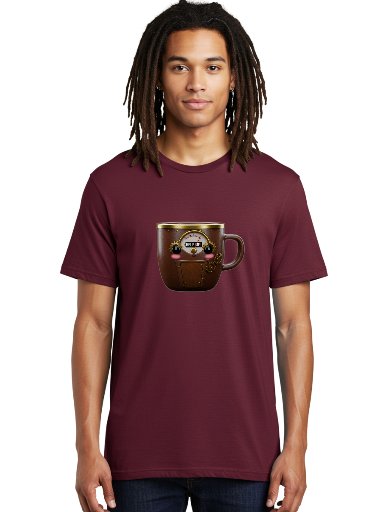 Help-Me-Mug Men'S Graphic Tee, 100% Cotton, Comfortable Casual Summer Wear, Machine Washable, Steampunk Coffee Mug, Brown Ceramic, Gold Accents, Distressed Robot Face, Help Me! Gauge, Steampunk Art, Quirky Design, Unique Collectible, Bac052