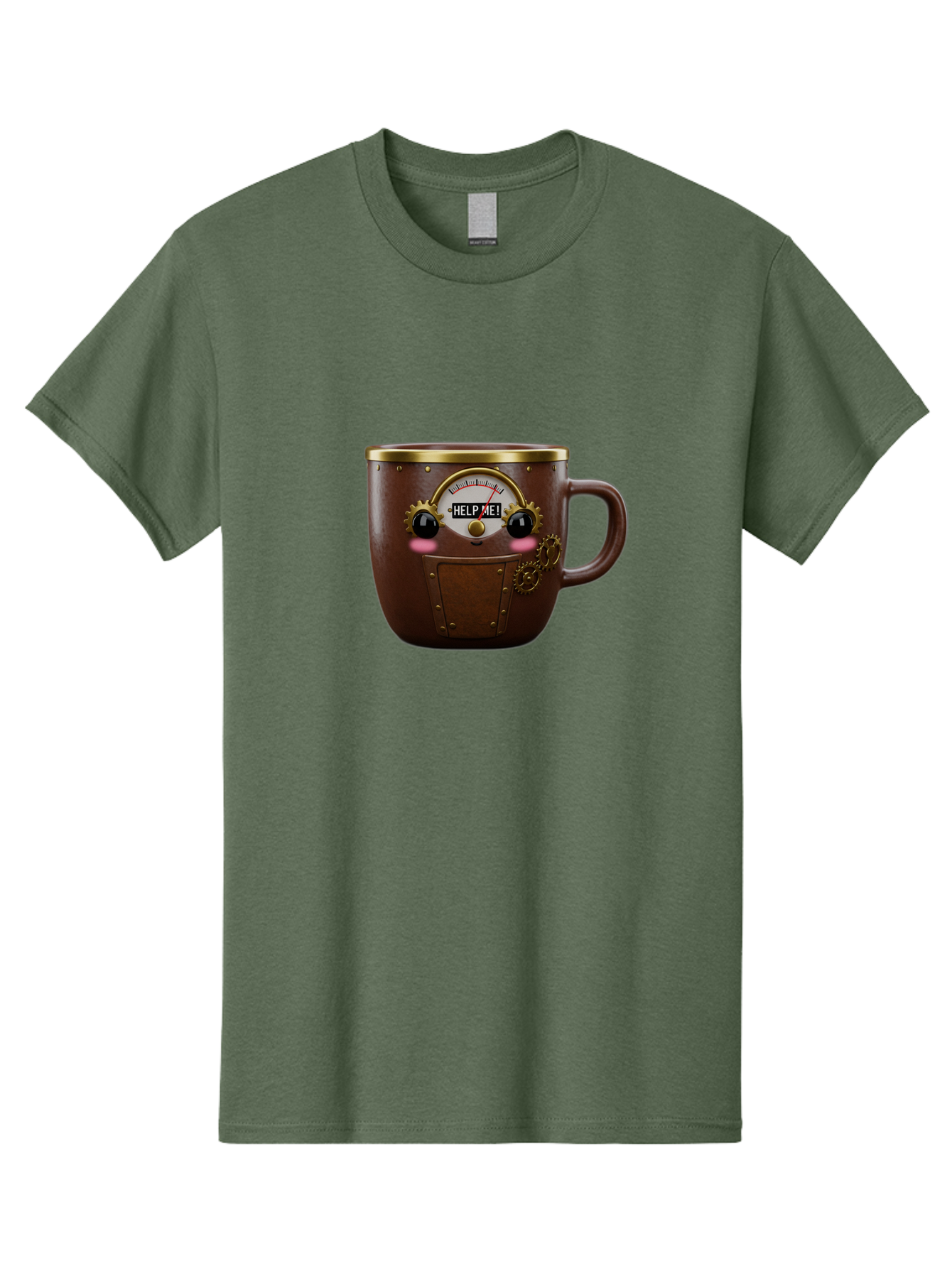 Help-Me-Mug Men'S Graphic Tee, 100% Cotton, Comfortable Casual Summer Wear, Machine Washable, Steampunk Coffee Mug, Brown Ceramic, Gold Accents, Distressed Robot Face, Help Me! Gauge, Steampunk Art, Quirky Design, Unique Collectible, Bac052