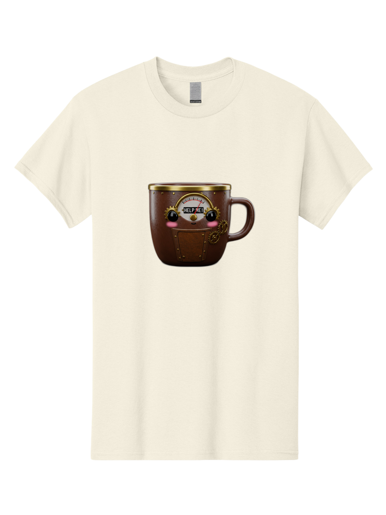 Help-Me-Mug Men'S Graphic Tee, 100% Cotton, Comfortable Casual Summer Wear, Machine Washable, Steampunk Coffee Mug, Brown Ceramic, Gold Accents, Distressed Robot Face, Help Me! Gauge, Steampunk Art, Quirky Design, Unique Collectible, Bac052