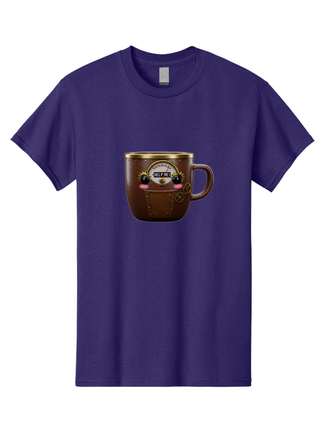 Help-Me-Mug Men'S Graphic Tee, 100% Cotton, Comfortable Casual Summer Wear, Machine Washable, Steampunk Coffee Mug, Brown Ceramic, Gold Accents, Distressed Robot Face, Help Me! Gauge, Steampunk Art, Quirky Design, Unique Collectible, Bac052