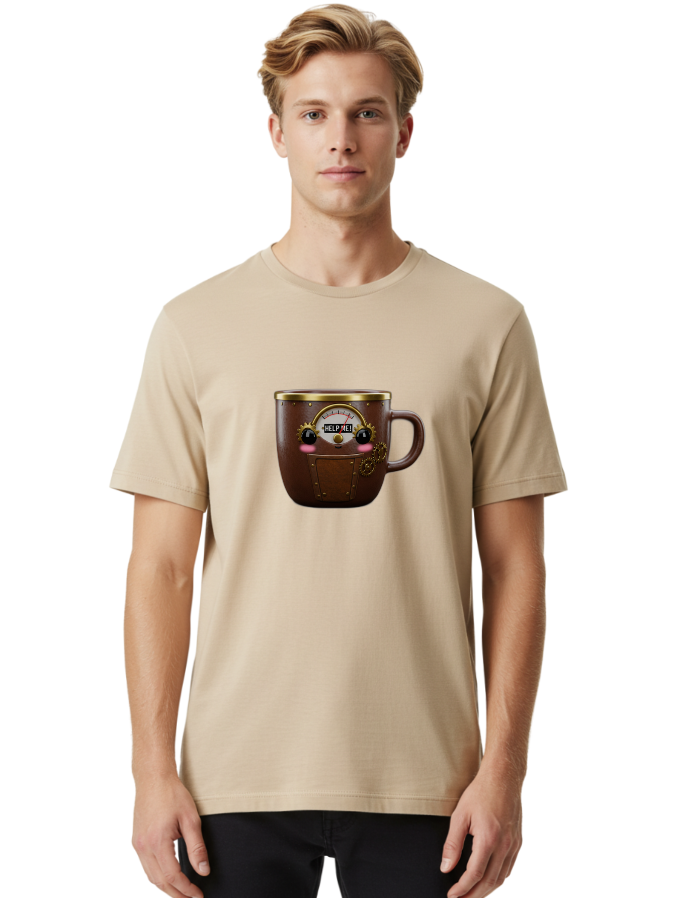 Help-Me-Mug Men'S Graphic Tee, 100% Cotton, Comfortable Casual Summer Wear, Machine Washable, Steampunk Coffee Mug, Brown Ceramic, Gold Accents, Distressed Robot Face, Help Me! Gauge, Steampunk Art, Quirky Design, Unique Collectible, Bac052