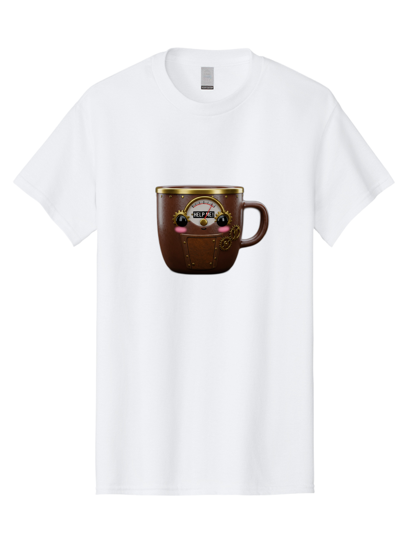 Help-Me-Mug Men'S Graphic Tee, 100% Cotton, Comfortable Casual Summer Wear, Machine Washable, Steampunk Coffee Mug, Brown Ceramic, Gold Accents, Distressed Robot Face, Help Me! Gauge, Steampunk Art, Quirky Design, Unique Collectible, Bac052