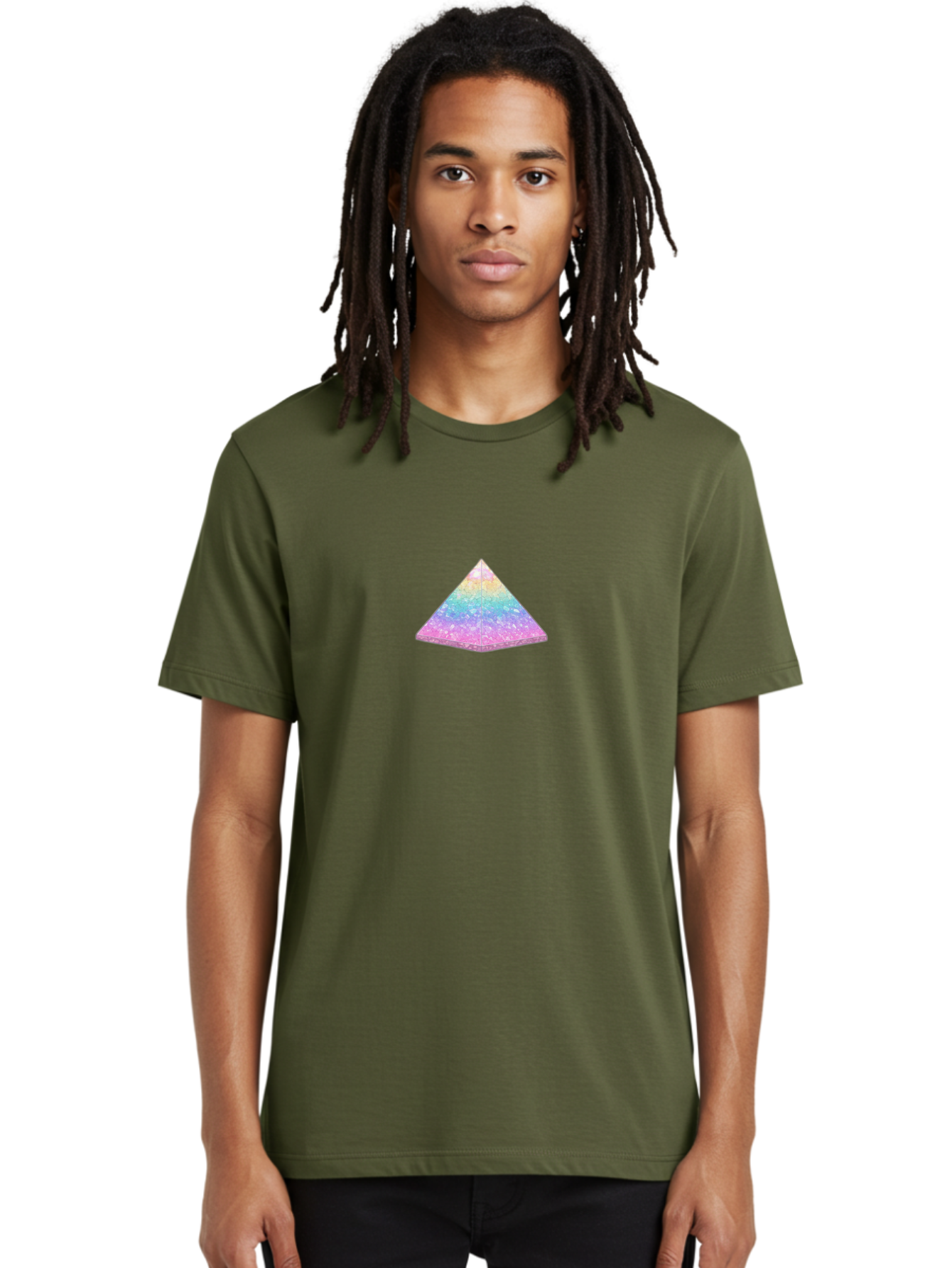 Holographic-Triangle Men'S Graphic Tee, 100% Cotton, Comfortable Casual Summer Wear, Machine Washable, Holographic Triangle, Pastel Colors, Shimmering Effect, Iridescent Sheen, Mystical Symbol, Geometric Shape, Rainbow Colors, Glitter Effect Bac054