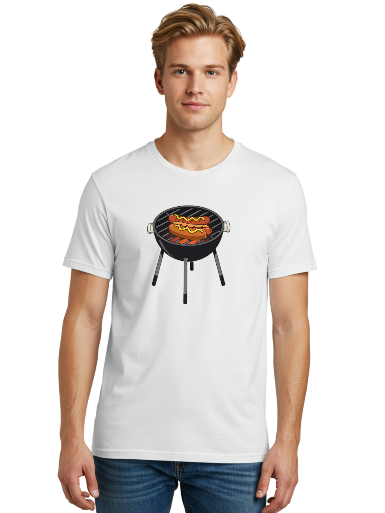 Hot-Dogs-On-Grill Men'S Graphic Tee, 100% Cotton, Comfortable Casual Summer Wear, Machine Washable, Hot Dogs On Grill, Grilled Sausages, Barbecue Cooking, Mustard Topping, Outdoor Grill, Bbq Favorites, Summer Food Bac055