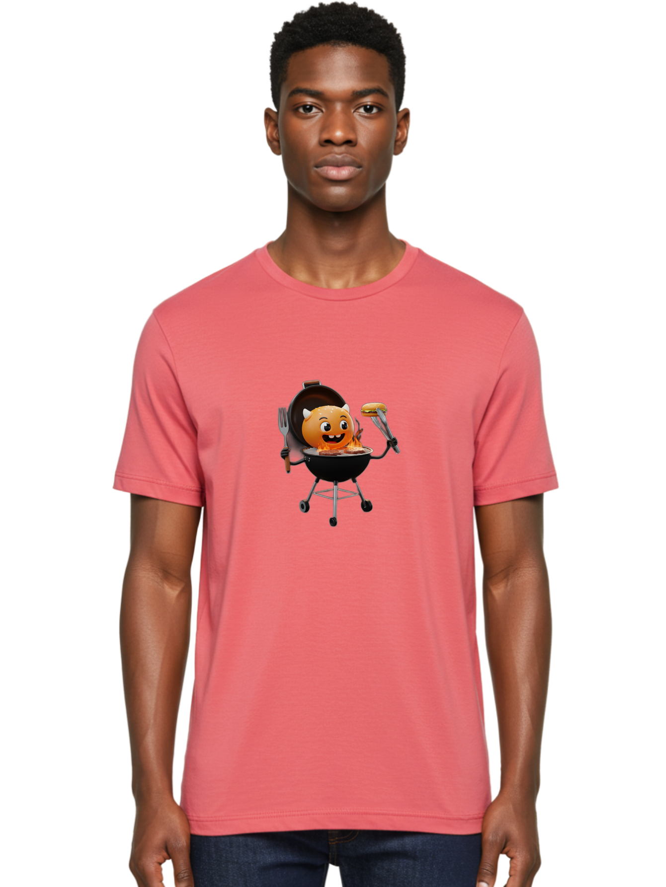 Hot-Sauce-Emoji-On-Bbq Men'S Graphic Tee, 100% Cotton, Comfortable Casual Summer Wear, Machine Washable, Smiling Emoji On Barbecue Grill, Barbecue Accessories, Fork And Tongs, Grilled Hamburger, Cartoon Character, Happy Face, Bac056