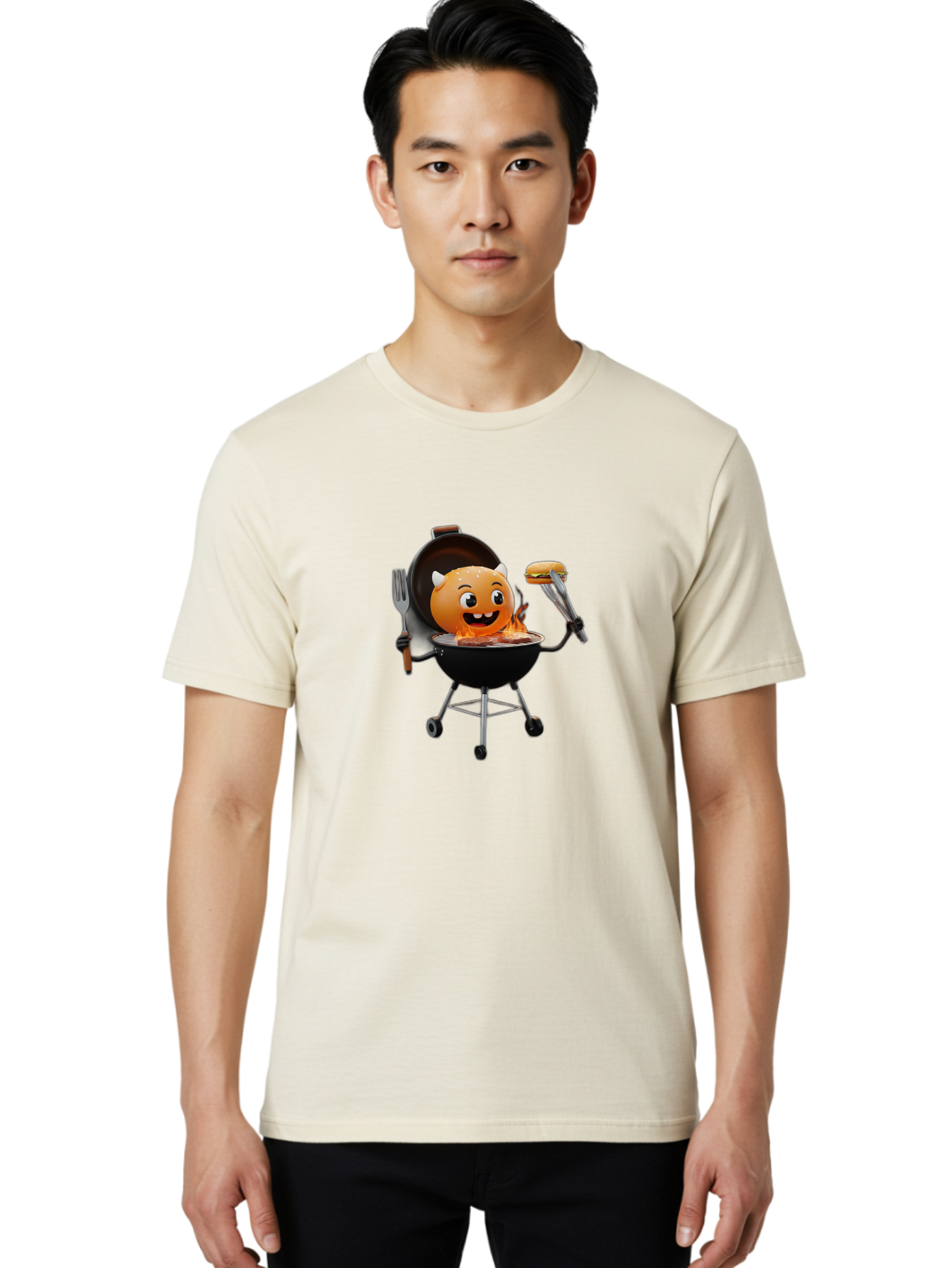 Hot-Sauce-Emoji-On-Bbq Men'S Graphic Tee, 100% Cotton, Comfortable Casual Summer Wear, Machine Washable, Smiling Emoji On Barbecue Grill, Barbecue Accessories, Fork And Tongs, Grilled Hamburger, Cartoon Character, Happy Face, Bac056