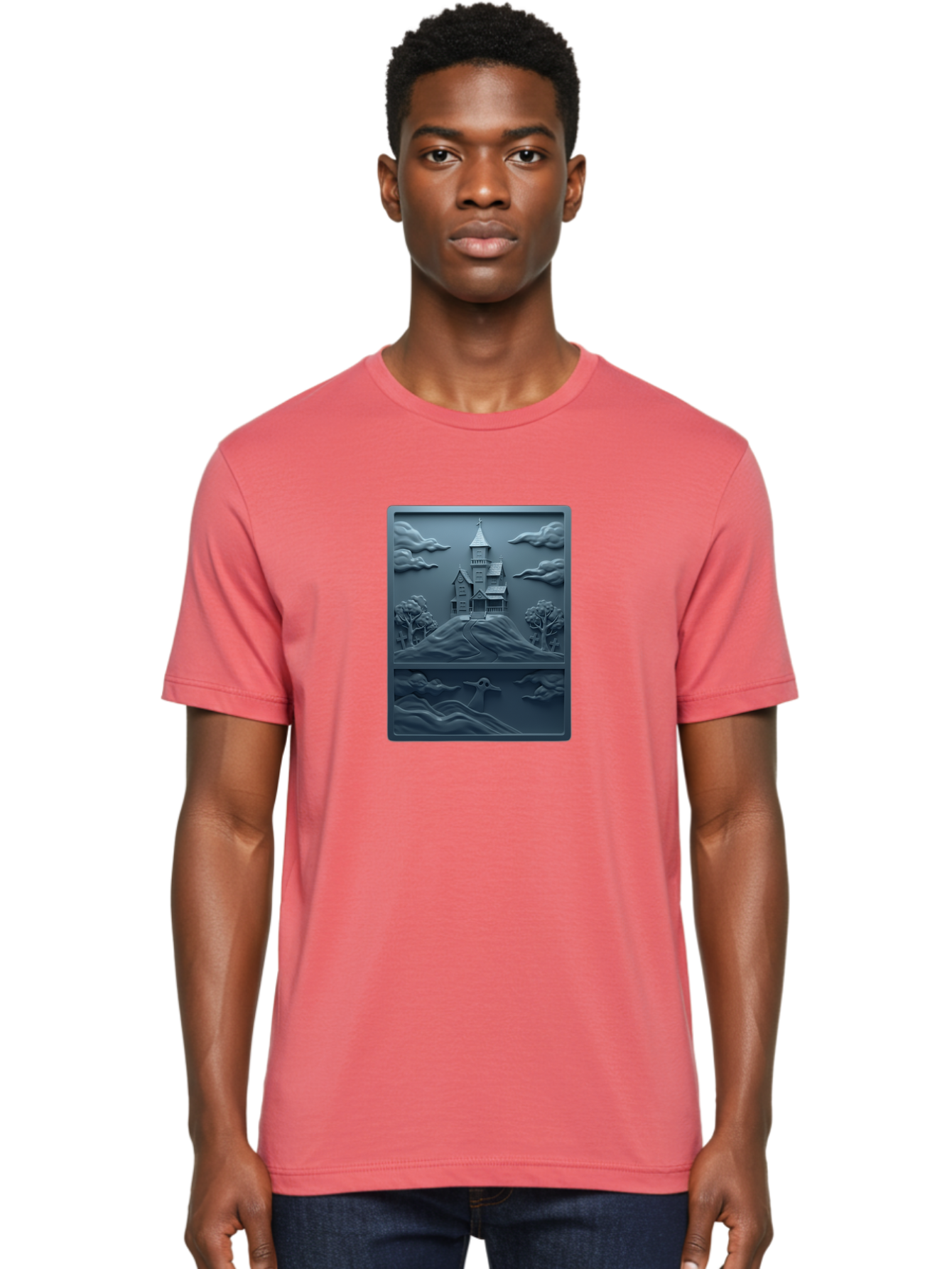 House-On-Hill Men'S Graphic Tee, 100% Cotton, Comfortable Casual Summer Wear, Machine Washable, House On Hill, Serene Landscape, Victorian Architecture, Peaceful Atmosphere, Rolling Hills, Scenic Beauty, Tranquil Scene, Natural Scenery, Bac057