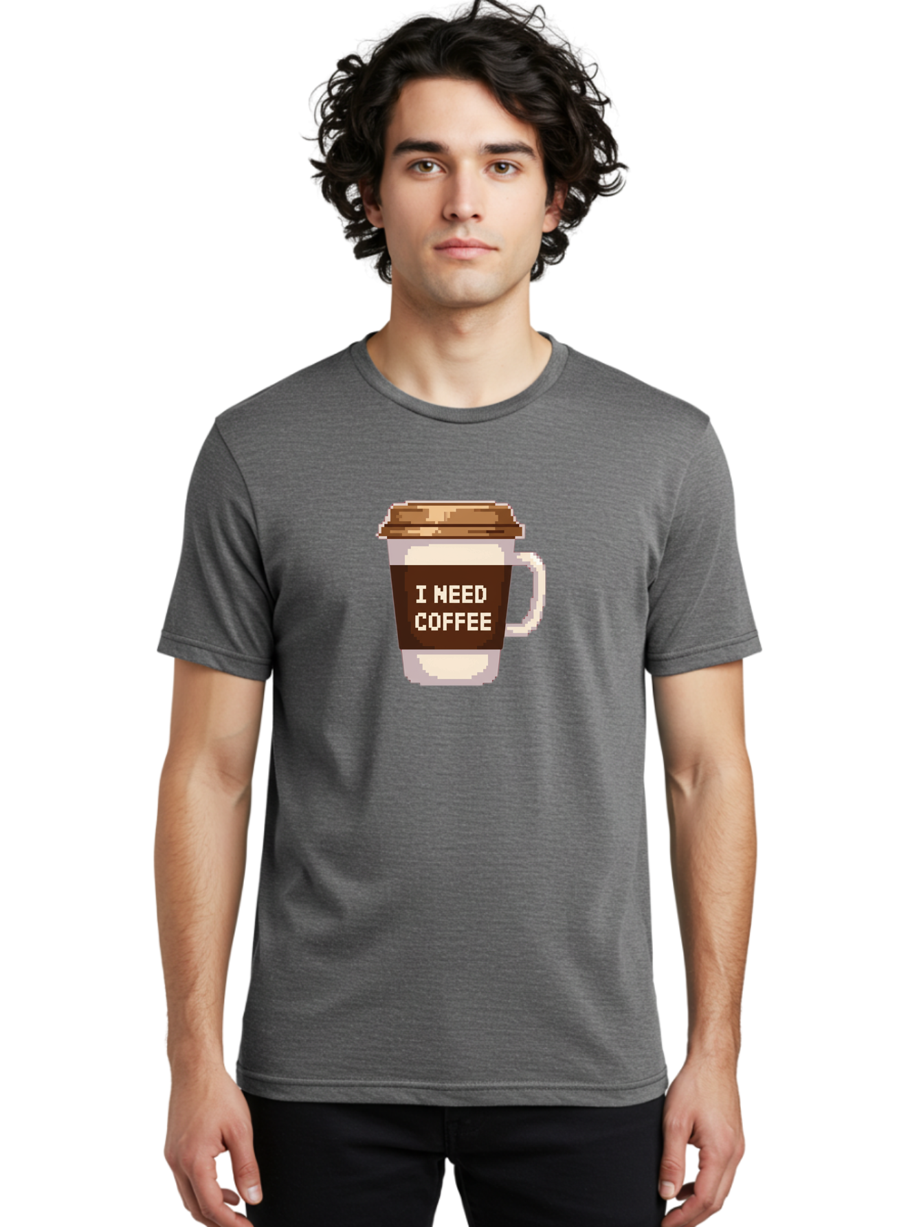 I-Need-Coffee-12 Men'S Graphic Tee, 100% Cotton, Comfortable Casual Summer Wear, Machine Washable, Coffee Cup, Coffee Sleeve, Pixel Art, Coffee Lover, Caffeine Fix, Morning Coffee, Coffee Addiction, Coffee Culture Bac061