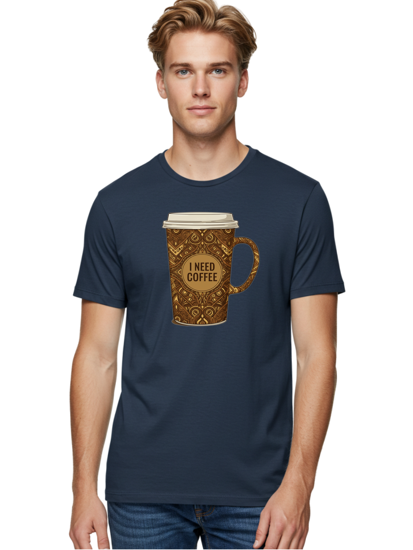 I-Need-Coffee-14 Men'S Graphic Tee, 100% Cotton, Comfortable Casual Summer Wear, Machine Washable, Coffee Cup, Takeaway Coffee, Coffee Lover, Morning Coffee, Coffee Break, Coffee Time, Coffee Addiction, Coffee Culture, Coffee Design, Bac063