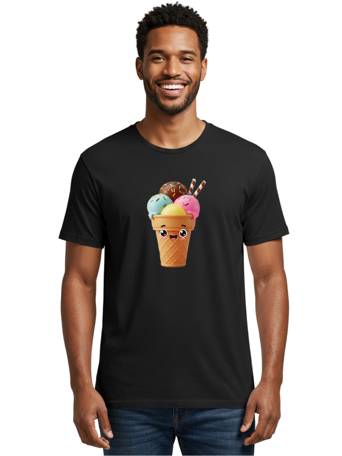 Ice-Cream-Cone Men'S Graphic Tee, 100% Cotton, Comfortable Casual Summer Wear, Machine Washable, Colorful Ice Cream, Four Scoops, Sprinkles, Cartoon Character, Happy Face, Ice Cream Cone, Sweet Treats, Dessert, Fun Food, Playful Dessert, Bac075