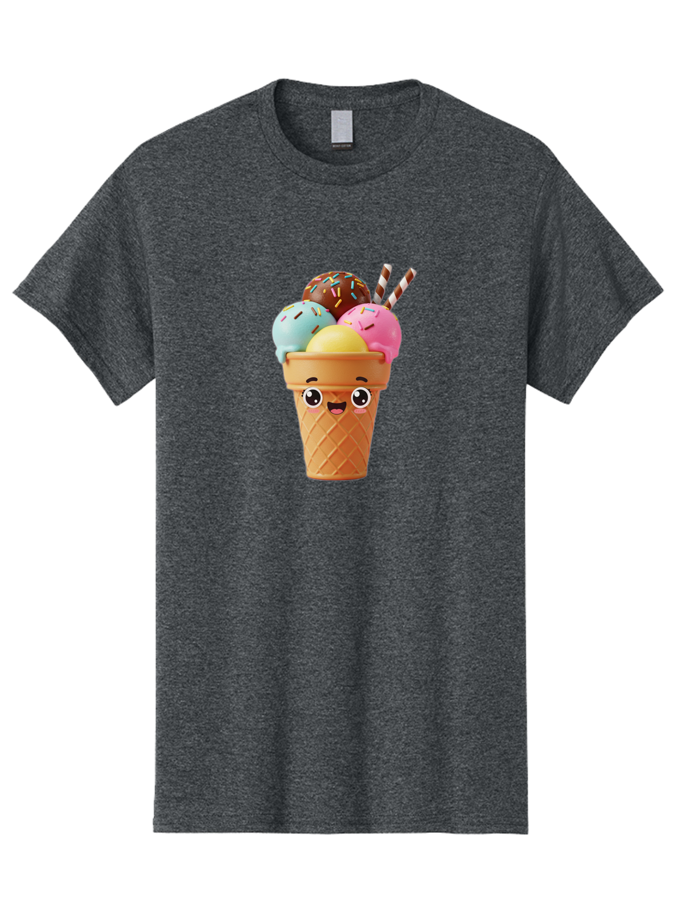 Ice-Cream-Cone Men'S Graphic Tee, 100% Cotton, Comfortable Casual Summer Wear, Machine Washable, Colorful Ice Cream, Four Scoops, Sprinkles, Cartoon Character, Happy Face, Ice Cream Cone, Sweet Treats, Dessert, Fun Food, Playful Dessert, Bac075