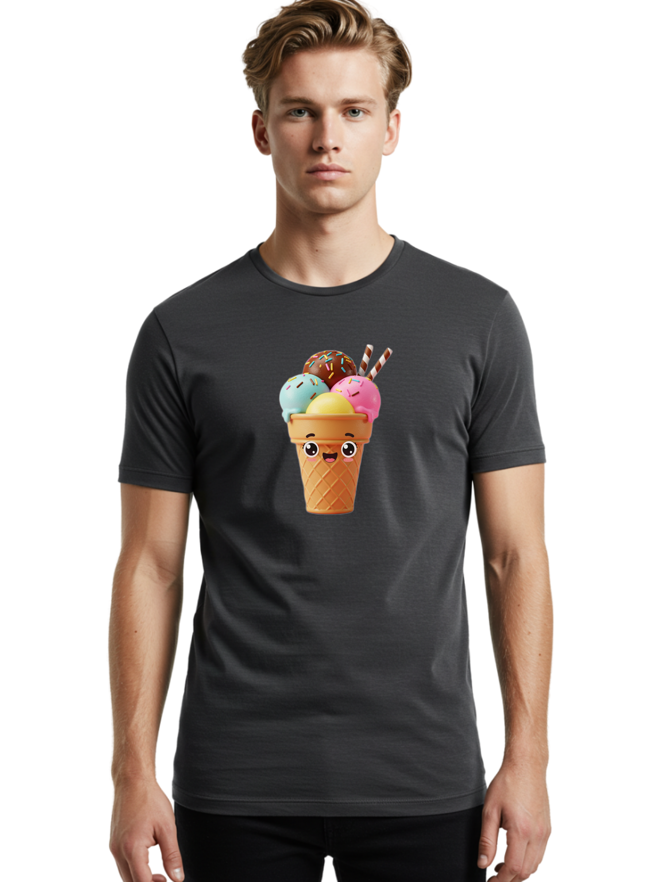 Ice-Cream-Cone Men'S Graphic Tee, 100% Cotton, Comfortable Casual Summer Wear, Machine Washable, Colorful Ice Cream, Four Scoops, Sprinkles, Cartoon Character, Happy Face, Ice Cream Cone, Sweet Treats, Dessert, Fun Food, Playful Dessert, Bac075