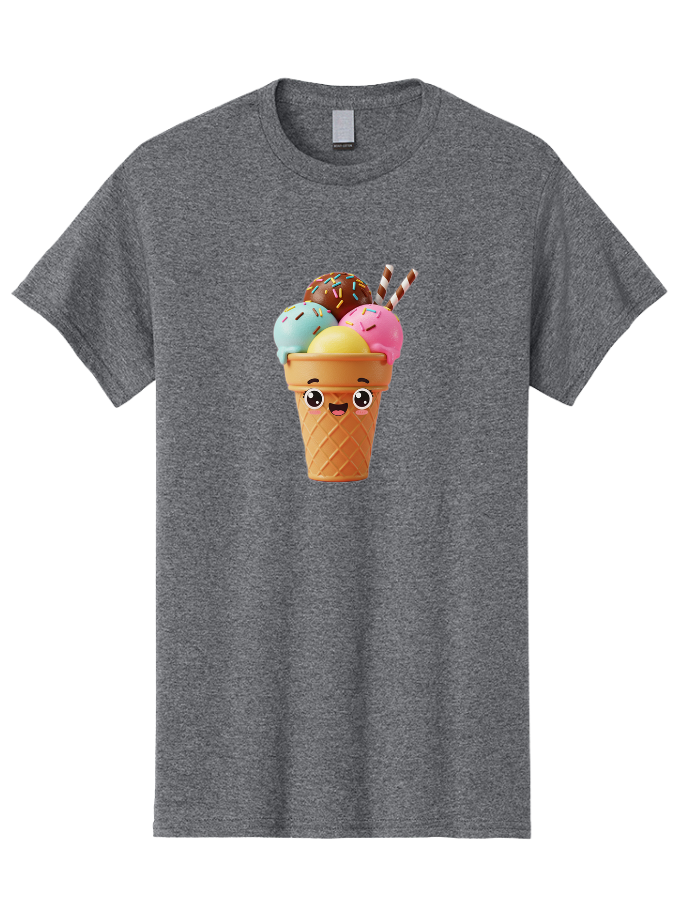 Ice-Cream-Cone Men'S Graphic Tee, 100% Cotton, Comfortable Casual Summer Wear, Machine Washable, Colorful Ice Cream, Four Scoops, Sprinkles, Cartoon Character, Happy Face, Ice Cream Cone, Sweet Treats, Dessert, Fun Food, Playful Dessert, Bac075